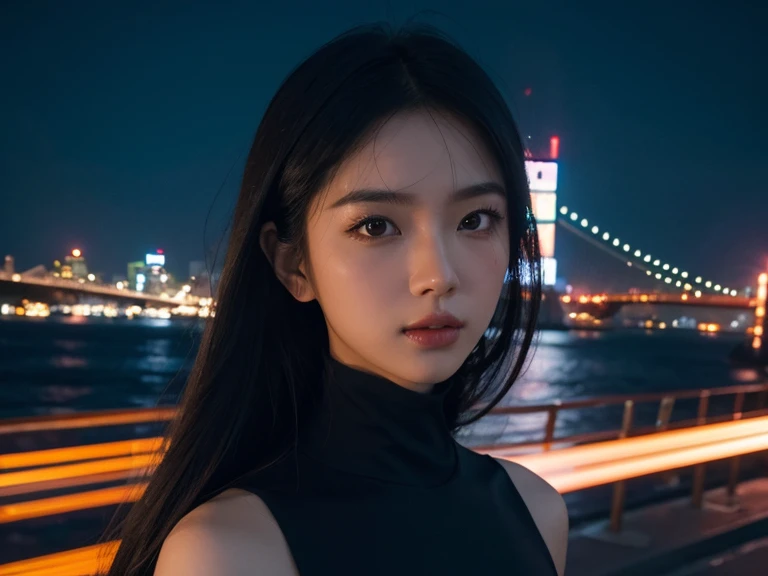 Capturing the essence of urban allure, the portrait of the Asian woman is framed to showcase her captivating features and expression. The half-body composition allows for a harmonious blend of her figure with the dynamic New York night scene, ensuring a visually striking and professionally balanced image. Neon lights play delicately on her face, casting a cinematic glow that accentuates the allure of the city backdrop.