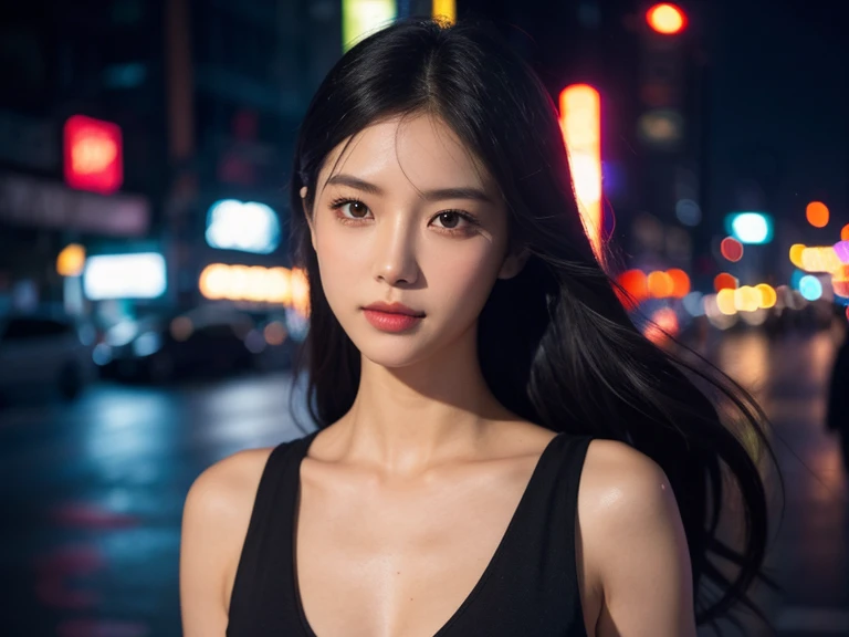 Capturing the essence of urban allure, the portrait of the Asian woman is framed to showcase her captivating features and expression. The half-body composition allows for a harmonious blend of her figure with the dynamic New York night scene, ensuring a visually striking and professionally balanced image. Neon lights play delicately on her face, casting a cinematic glow that accentuates the allure of the city backdrop.