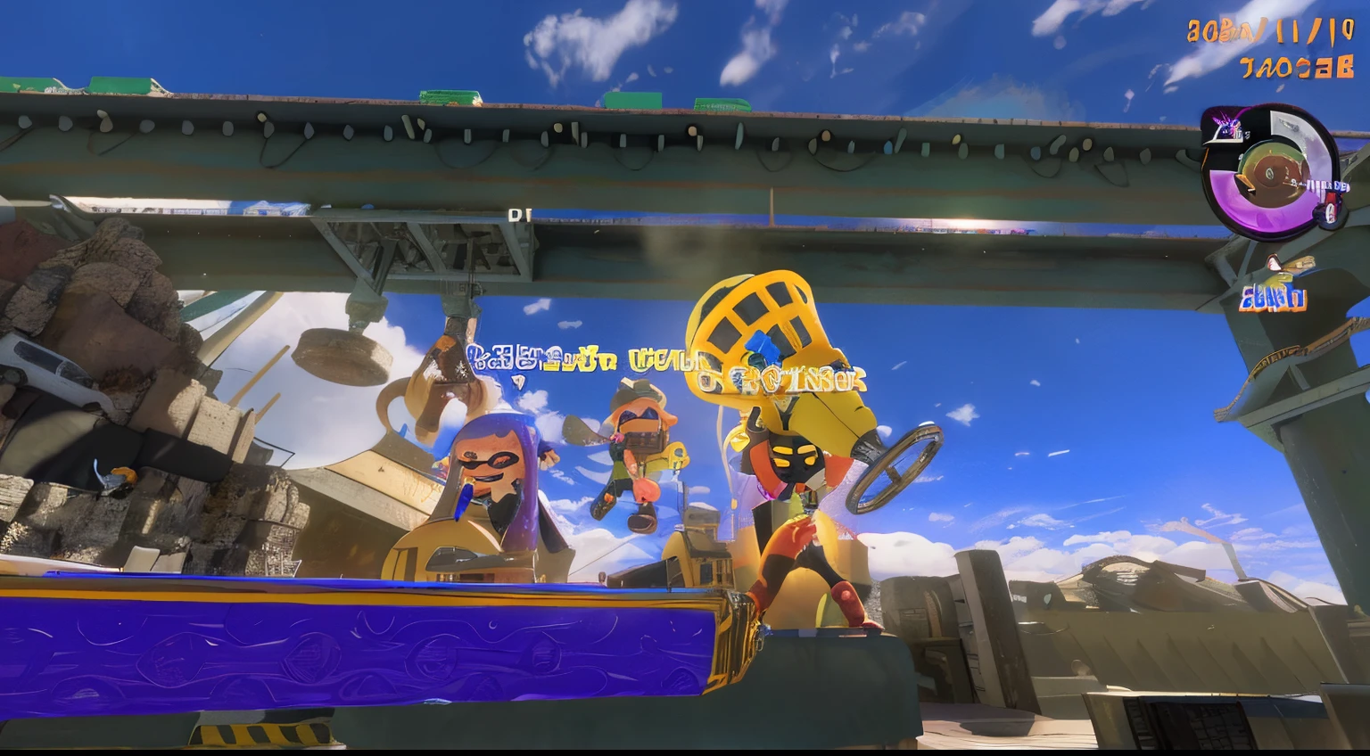 Close-up of a video game with people on a boat, Splatoon 3, Splatoon, with splatoon style, videogame screenshot, ninjartist, Screenshot of gameplay using the UI, videogame screenshot, ultra wide gameplay screenshot, Gameplay Screenshots, gameplay still, bot, Happy!!!, videogame screenshot>, Giant squid fighting in the sky, nffsw, For AAA Gaming