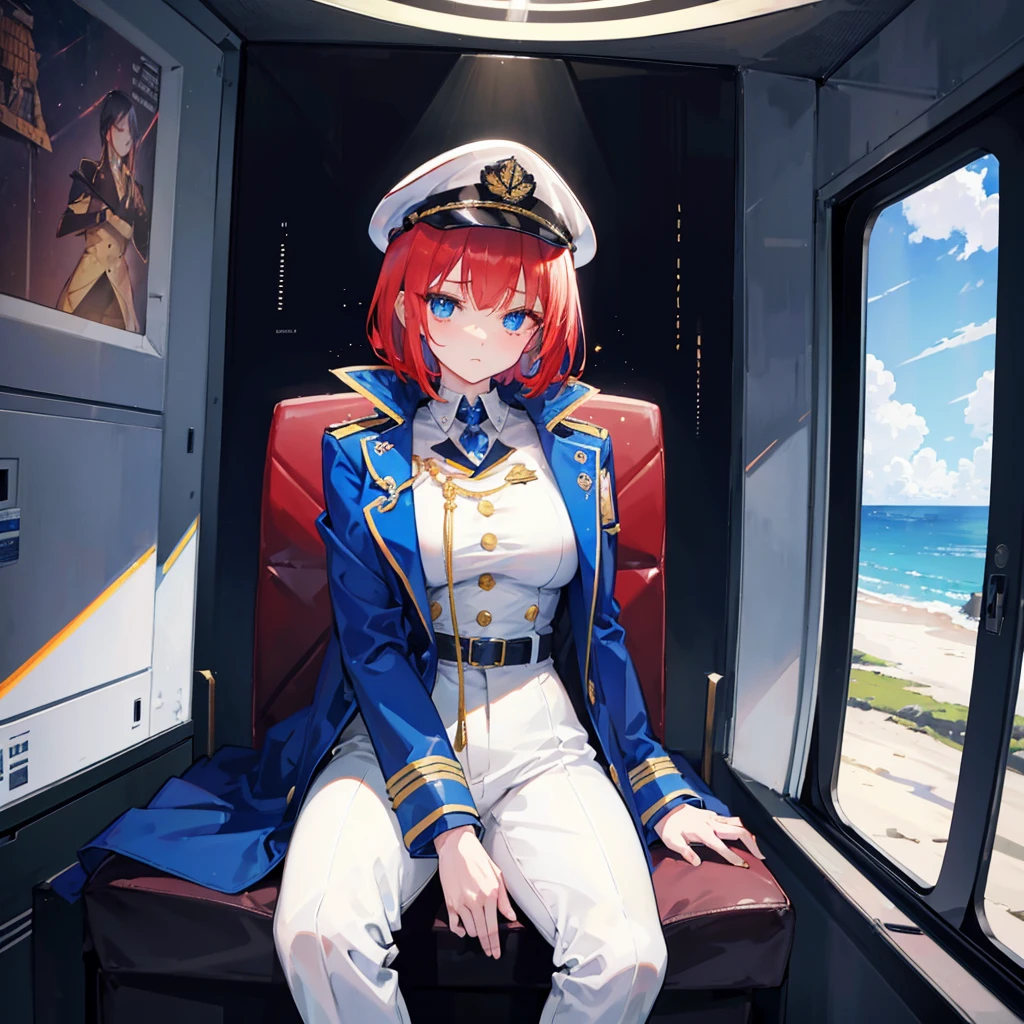 （（（​masterpiece）））、（（（Top image quality）））、（（（top-quality）））、（（（Illustration of one woman）））、full bodyesbian、Red-haired shorthair、（Thin hair hanging down both sides of the face）、Blue eyes、（（（neuter）））、（（Tall））、（（（Muscular and strong body）））、（（（Muscular and strong body）））、（（muscular and thick arms））、（（muscular and thick legs））、（（（manspreading）））、opening legs、（（Military uniforms））、（（Military Cap））、（（Military coat））、（white  clothes）、（White pants）、（White cap）、trench coat、（（Inside the spaceship、Sitting in the captain's seat））、（Outside the window、kosmos、Earth seen from space、Spaceport）
