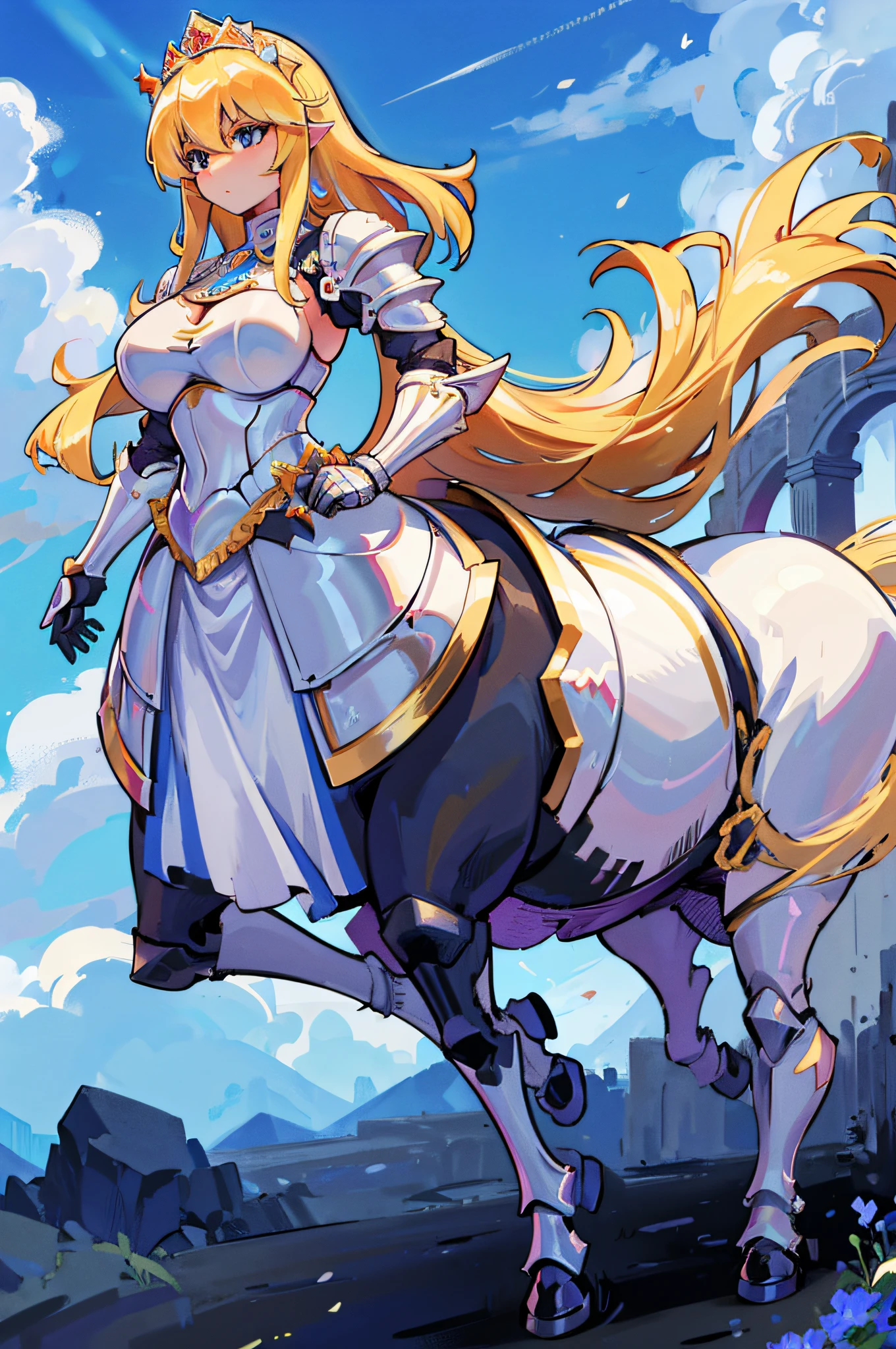 4k,hight resolution.One Woman,a blond,Longhaire,centaur,Princess Knight,Princess Dresses,knight armor,Heavy Armor,Princess Tiara,jewel decorations,Excalibur,Full body,castle town,Blue sky at noon