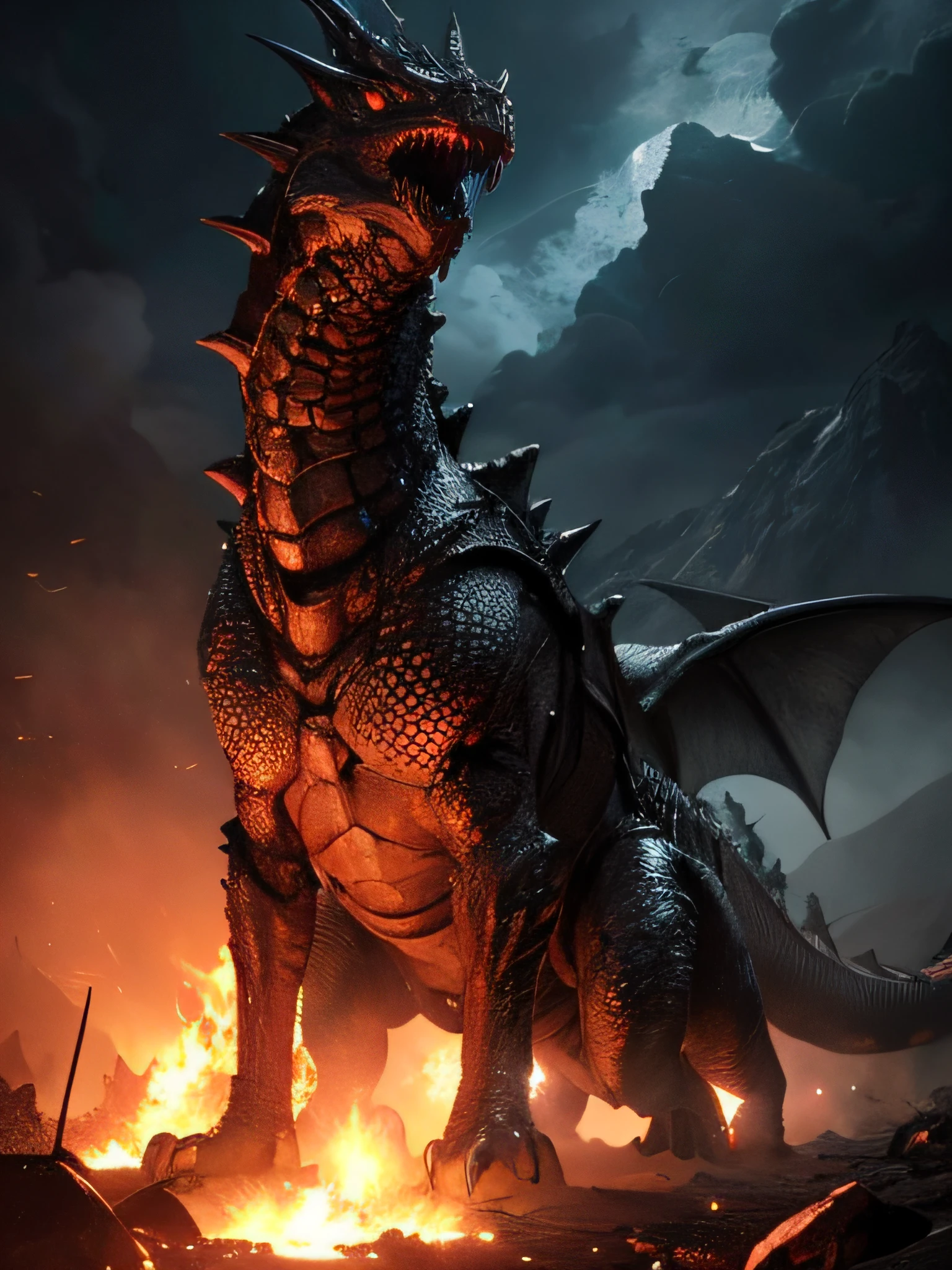 (best quality,16k,32k,highres,masterpiece:1.2),ultra-detailed,(realistic,photorealistic,photo-realistic:1.37),(The ultimate Orochi dragon) glowing red eyes realistic fire background of totally destroyed mountain alone looking at the camera serious expression.