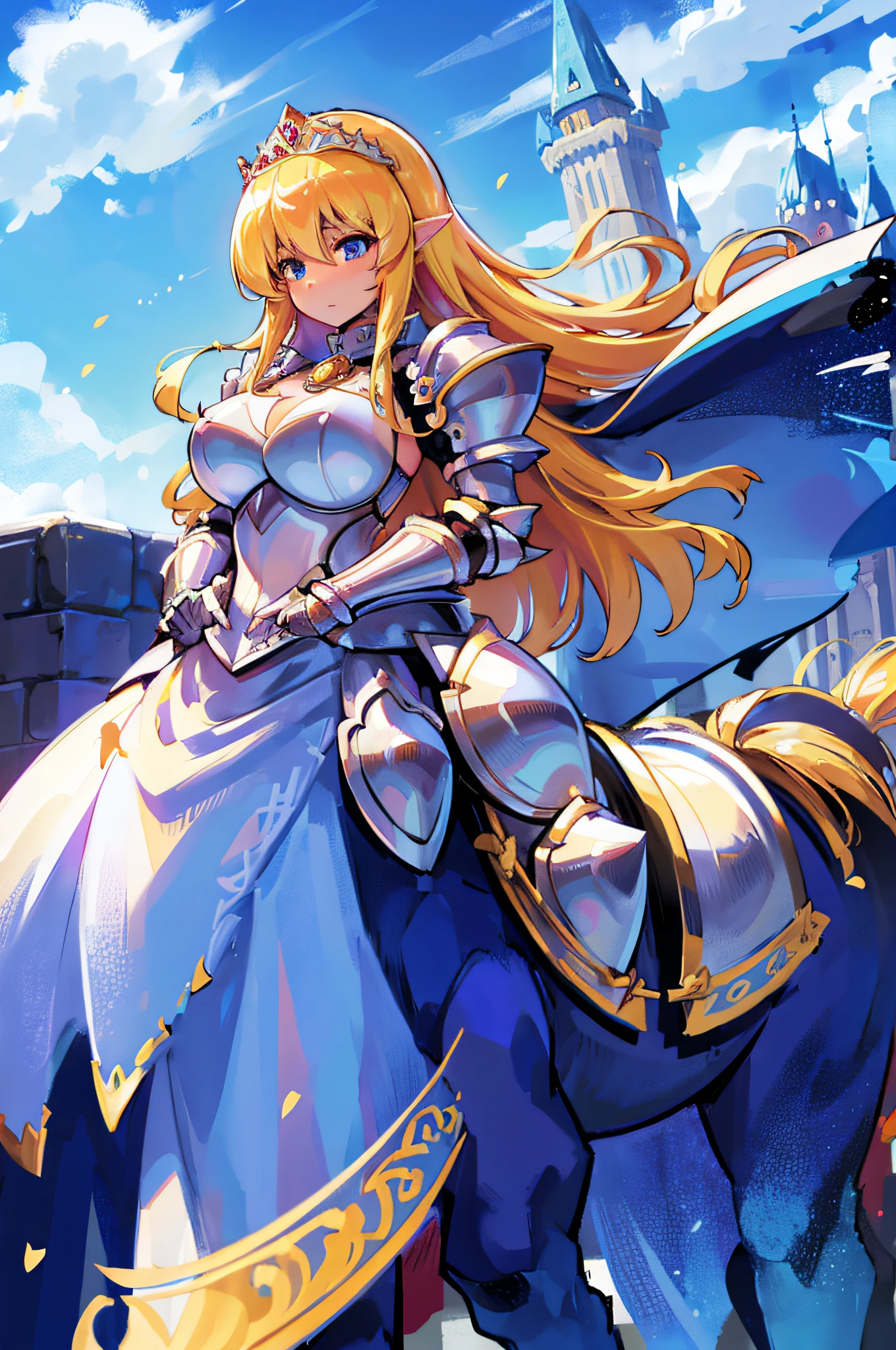 4k,hight resolution.One Woman,a blond,Longhaire,centaur,Princess Knight,Princess Dresses,knight armor,Heavy Armor,Princess Tiara,jewel decorations,Excalibur,castle town,Blue sky at noon