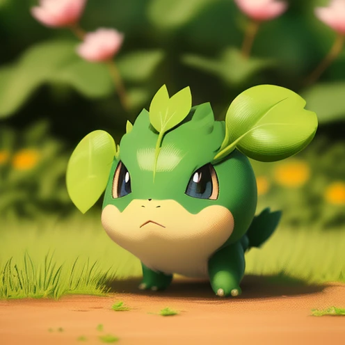 Sproutflare, the Grass-type starter Pokémon of the Indovista region, is a lively and charming creature resembling a young, budding plant. Its body is adorned with vibrant green leaves and delicate petals that unfurl as it grows. Sproutflare is known for its playful nature, often dancing in the sunlight to absorb energy for photosynthesis. Trainers are drawn to its gentle demeanor and the soothing aroma it emits.