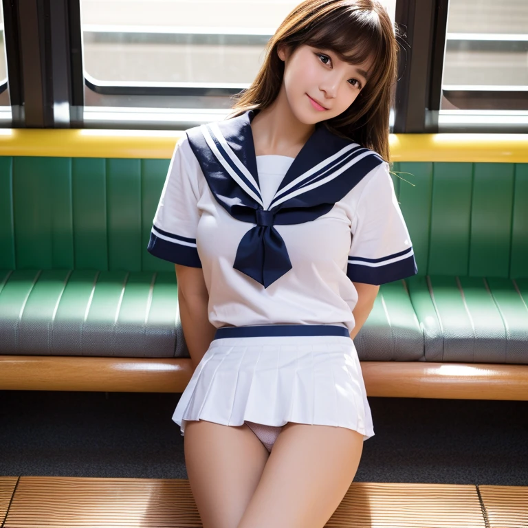 top-quality,ultra - detailed,tmasterpiece,hentail realism,Photorare,Bright lighting,1 girl in, an extremely beautiful , (kawaii:1.6),Thin smile, (Brown eyes),(brown haired),(By bangs),perfect glossy shiny skins,flawless skin,((erotick,Sexy and sexually explicit)),((Exact pointers,No discomfort)), large full breasts,big breasts thin waist, looking at viewert,((a sailor suit)),((Short sleeve uniform white shirt)),(red necktie),(Blue Mini Pleated Skirt),(((skirt lift by yourself))),(lifted by self),(showing panties),panties on,Panty Focus,(Sit up,Spread your legs apart)), sockes, (Black knee socks),(Loafer shoes), In the daytime,On the train,Horizontal bench seat,back turned