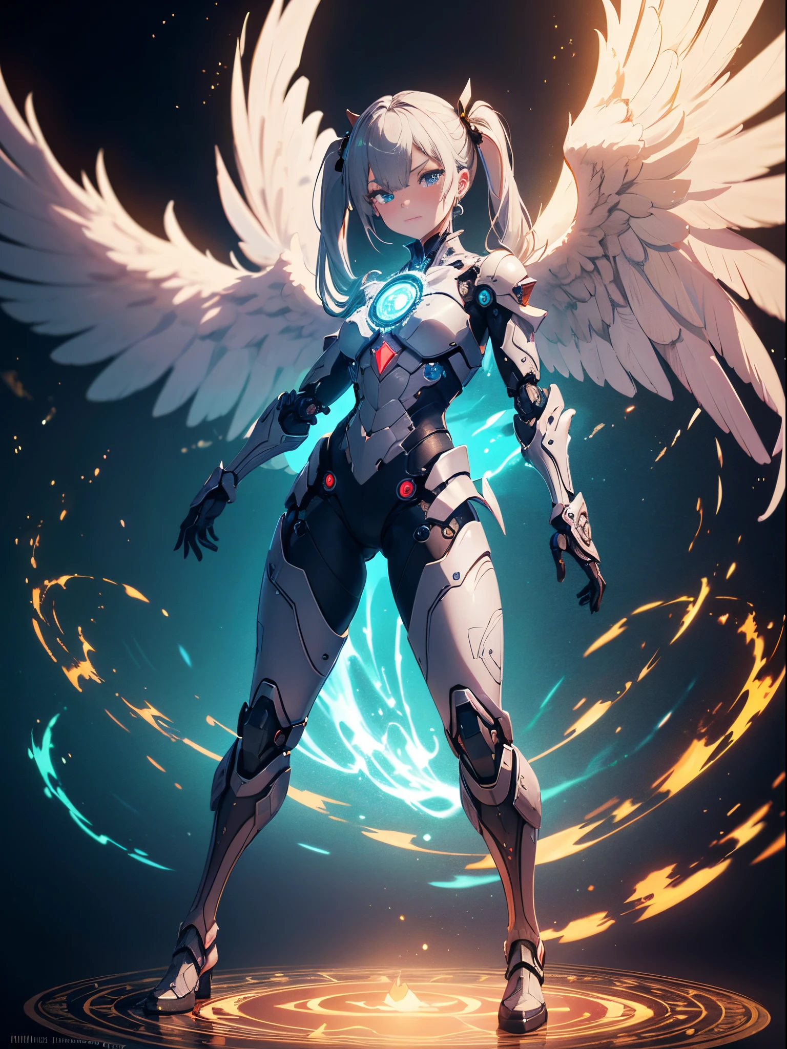 (Full body shot:1.4),(Wide Angle Shot), (Intricate details:1.4), (Masterpiece) , ((Anime Robot, Beautiful White Skin Golem, Angel, 1boy, Magic)), (Perfect Aesthetic Eyes:1.3) , (Detailed Eyes) , (Halo) , (Elden ring:1.4), (Wings:1.3), Glowing, Twintails Hair, Multicolored Hair, (Anatomically Correct Body:1.4) , Angry, (Perfect Face), Saenyo Ancalagon Majestic Guardian Knight | Ultra Detailed Robotic Armor | Cinematic Lighting | Intricate filigree metal design | 16k | Unreal Engine 5 | Octane Render | 3d, (anatomically correct :1.4), (Ultra Detailed, Fantasy Background, Blush, Solo, Fightning Stance), (magic circle:1.3), Lightning Effect, (Ray Tracing), Show Your Ability A.I., (Glowing Eyes) , (Particles Glowing) , 16k Wallpaper, Robot Female, Trending on Pintrest, By Nimox AI, UHD