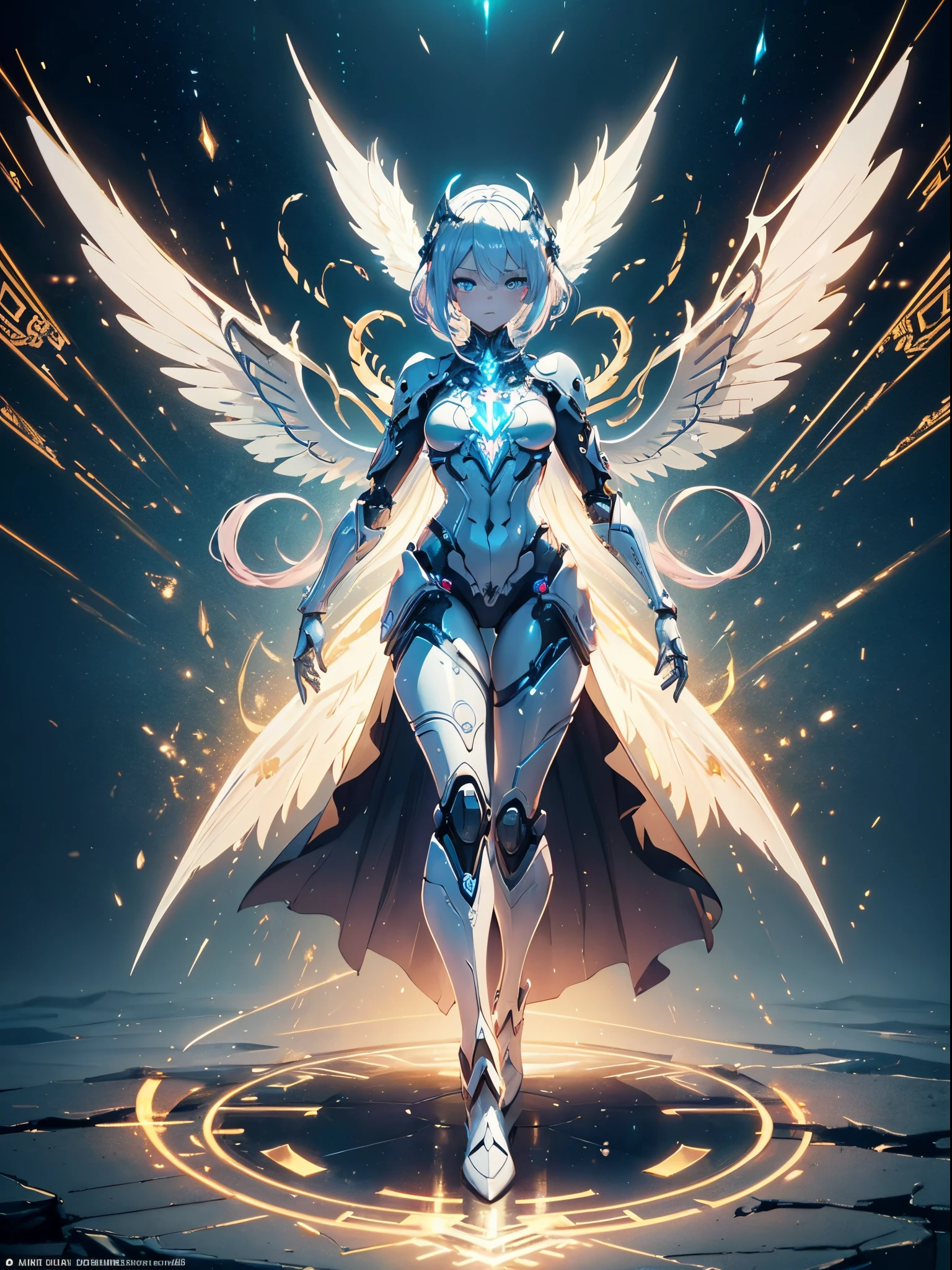 (Full body shot:1.4),(Wide Angle Shot), (Intricate details:1.4), (Masterpiece) , ((Anime Robot, Beautiful White Skin Golem, Angel, 1boy, Magic)), (Perfect Aesthetic Eyes:1.3) , (Detailed Eyes) , (Halo) , (Elden ring:1.4), (Wings:1.3), Glowing, Twintails Hair, Multicolored Hair, (Anatomically Correct Body:1.4) , Angry, (Perfect Face), Saenyo Ancalagon Majestic Guardian Knight | Ultra Detailed Robotic Armor | Cinematic Lighting | Intricate filigree metal design | 16k | Unreal Engine 5 | Octane Render | 3d, (anatomically correct :1.4), (Ultra Detailed, Fantasy Background, Blush, Solo, Fightning Stance), (magic circle:1.3), Lightning Effect, (Ray Tracing), Show Your Ability A.I., (Glowing Eyes) , (Particles Glowing) , 16k Wallpaper, Robot Female, Trending on Pintrest, By Nimox AI, UHD