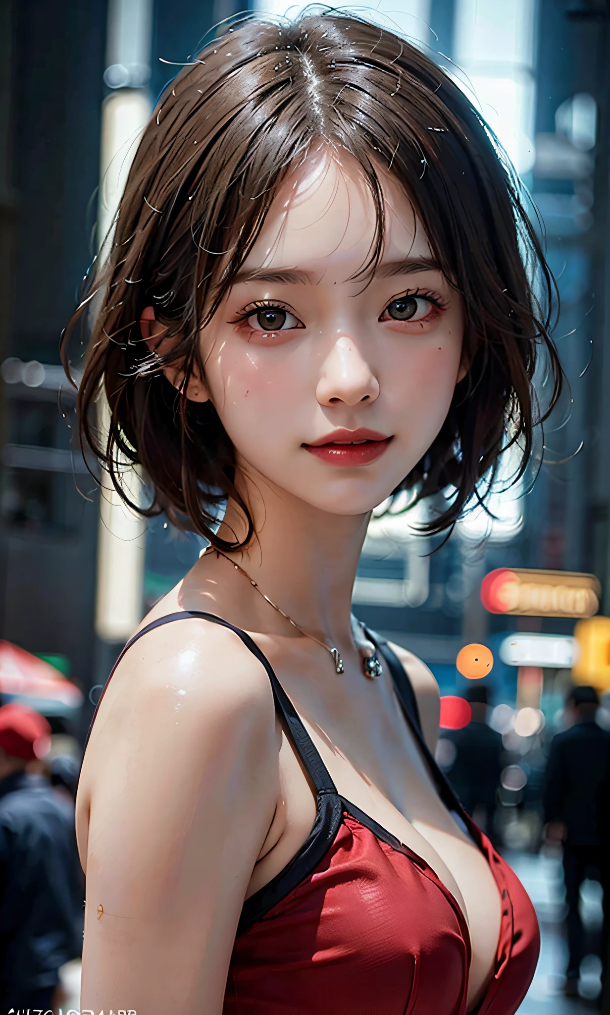(RAW photo: 1.2), top quality, beautiful detailed girl, smile, short hair, blonde, red swimsuit, highly detailed eyes and face, beautiful detailed eyes, huge file size, high resolution, 8k wallpaper, fine detail, highly detailed ticker uniform 8k wallpaper, light on face, movie lighting, 18 year old girl, sexy pose, (photorealism: 1.4), illustration, Super Detail