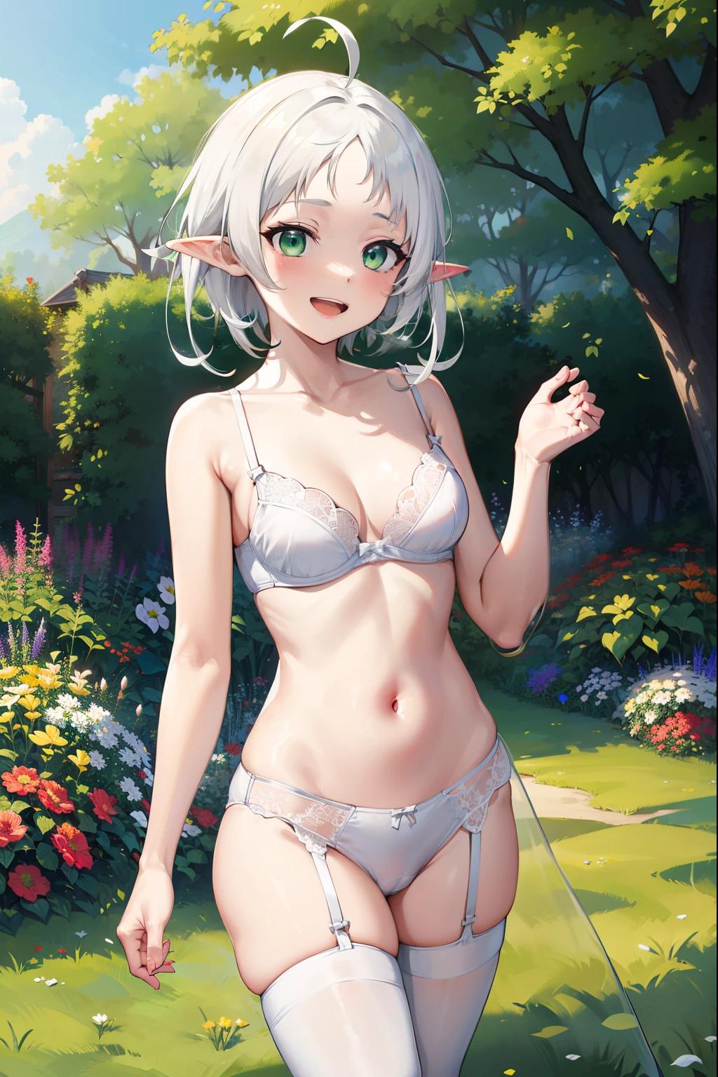 Erotic, 18+, nsfw, masterpiece, best quality, highres, aarurutie,1girl, white sexy lingerie, white sexy bra, white sexy pants and stockings, standing, smile, open mouth, short white hair, ahoge, elf ears, green eyes