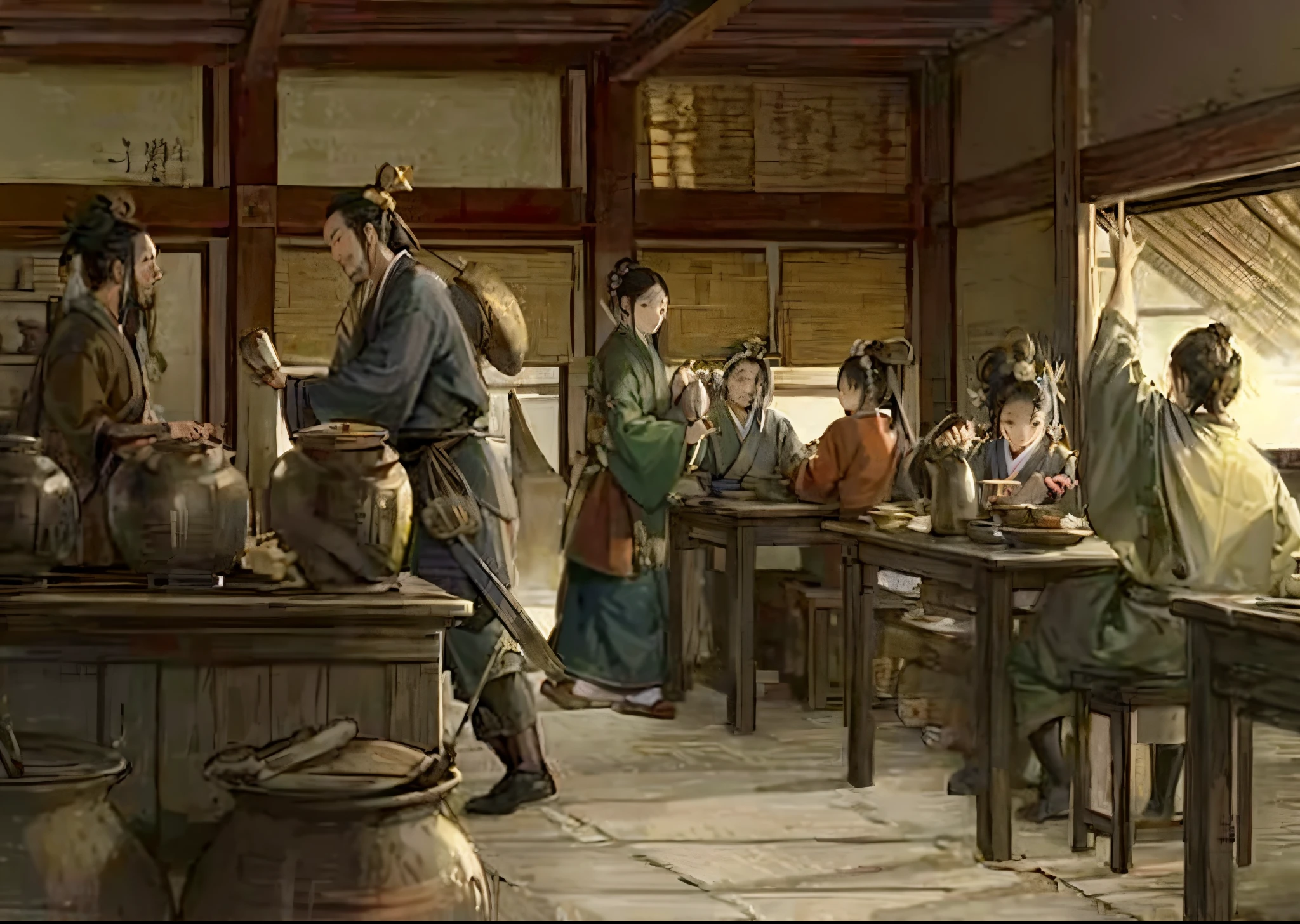 painting of a group of people in a kitchen with pots and pans, feudal japanese setting, by Cheng Zhengkui, feudal japan art, tea ceremony scene, rpg scene, inspired by Tanomura Chikuden, by Yun Du-seo, in the edo era, by Wen Boren, by Chen Daofu, by Qu Leilei