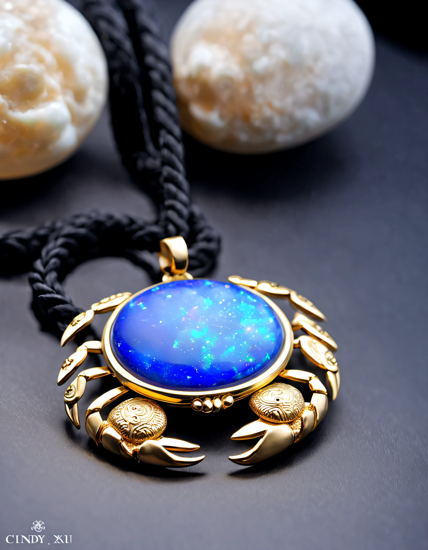 Item design, (A black round Cancer pendant), (A small golden crab is carved on it），（a double opal: 1.3), (Black leather rope), Frosted process, lapis lazuli, turquesa, (12 constellation symbols: 1.1), (Freehand Cancer constellation pattern: 1.1), (Side engraved symbol cindy xu: 1.3), Geometric patterns, Black stone,
 delicate constructions, The process is complex, Boho Style,  Van Cleef & Arpels & alpes&alps, cartier, 
Background with: The white, jewelry photography, hyper HD, high high quality,