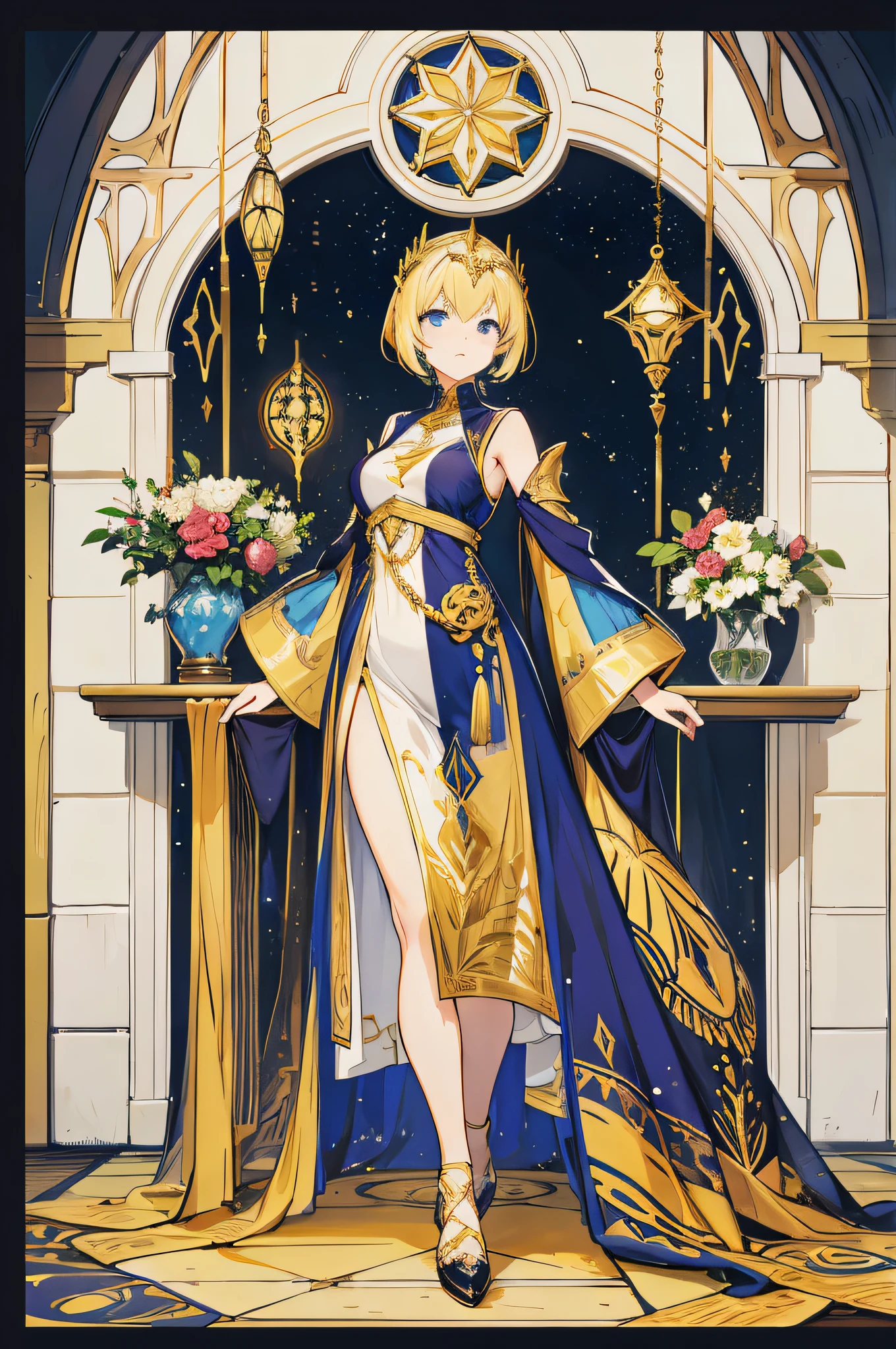 a woman wearing a "gold" theme clothes. fantasy-inspired. Stained glass style.
