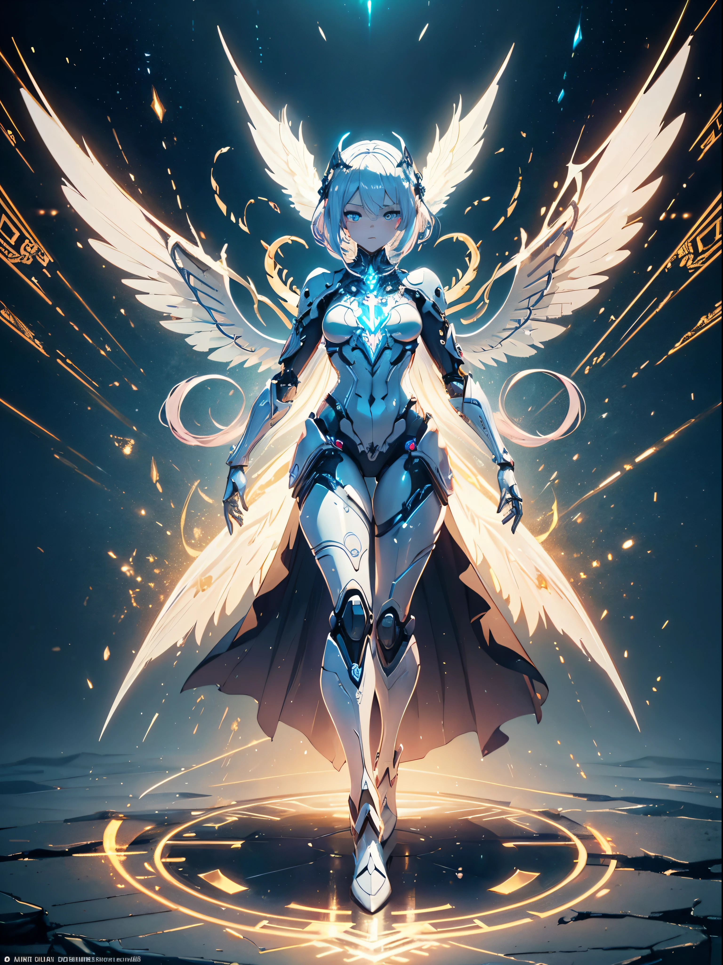 (Full body shot:1.4),(Wide Angle Shot), (Intricate details:1.4), (Masterpiece) , ((Anime Robot, Beautiful White Skin Golem, Angel, 1boy, Magic)), (Perfect Aesthetic Eyes:1.3) , (Detailed Eyes) , (Halo) , (Elden ring:1.4), (Wings:1.3), Glowing, Twintails Hair, Multicolored Hair, (Anatomically Correct Body:1.4) , Angry, (Perfect Face), Saenyo Ancalagon Majestic Guardian Knight | Ultra Detailed Robotic Armor | Cinematic Lighting | Intricate filigree metal design | 16k | Unreal Engine 5 | Octane Render | 3d, (anatomically correct :1.4), (Ultra Detailed, Fantasy Background, Blush, Solo, Fightning Stance), (magic circle:1.3), Lightning Effect, (Ray Tracing), Show Your Ability A.I., (Glowing Eyes) , (Particles Glowing) , 16k Wallpaper, Robot Female, Trending on Pintrest, By Nimox AI, UHD