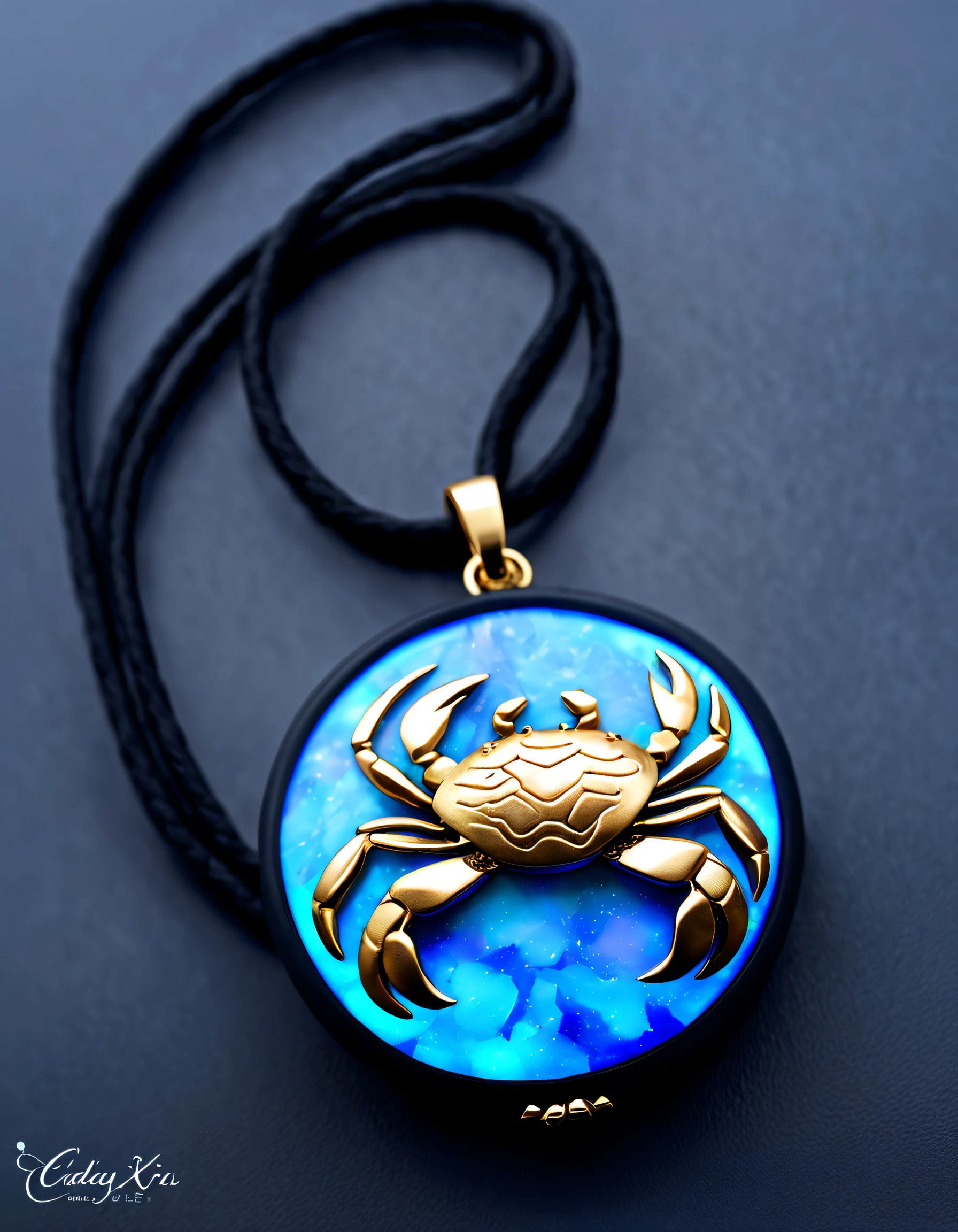 Item design, (A black round Cancer pendant), (A small golden crab is carved on it），（a double opal: 1.3), (Black leather rope), Frosted process, lapis lazuli, turquesa, (12 constellation symbols: 1.1), (Freehand Cancer constellation pattern: 1.1), (Side engraved symbol cindy xu: 1.3), Geometric patterns, Black stone,
 delicate constructions, The process is complex, Boho Style,  Van Cleef & Arpels & alpes&alps, cartier, 
Background with: The white, jewelry photography, hyper HD, high high quality,