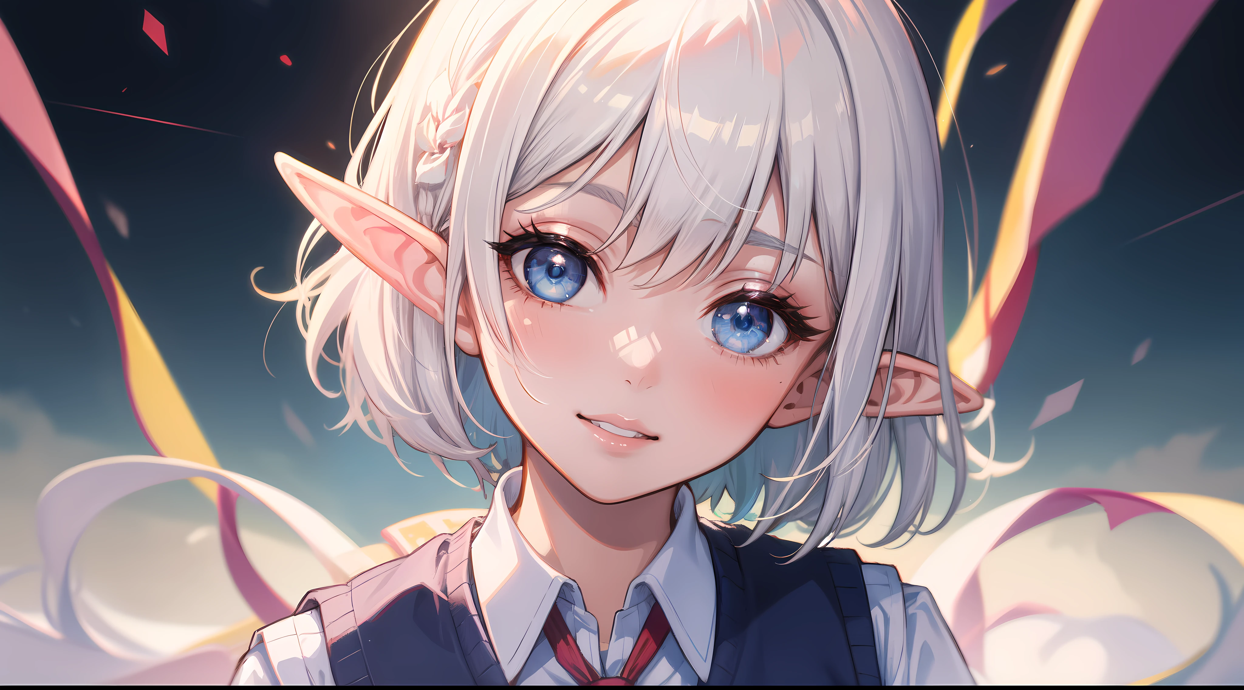 Anime girl with white hair and blue eyes in front of a sky - SeaArt AI