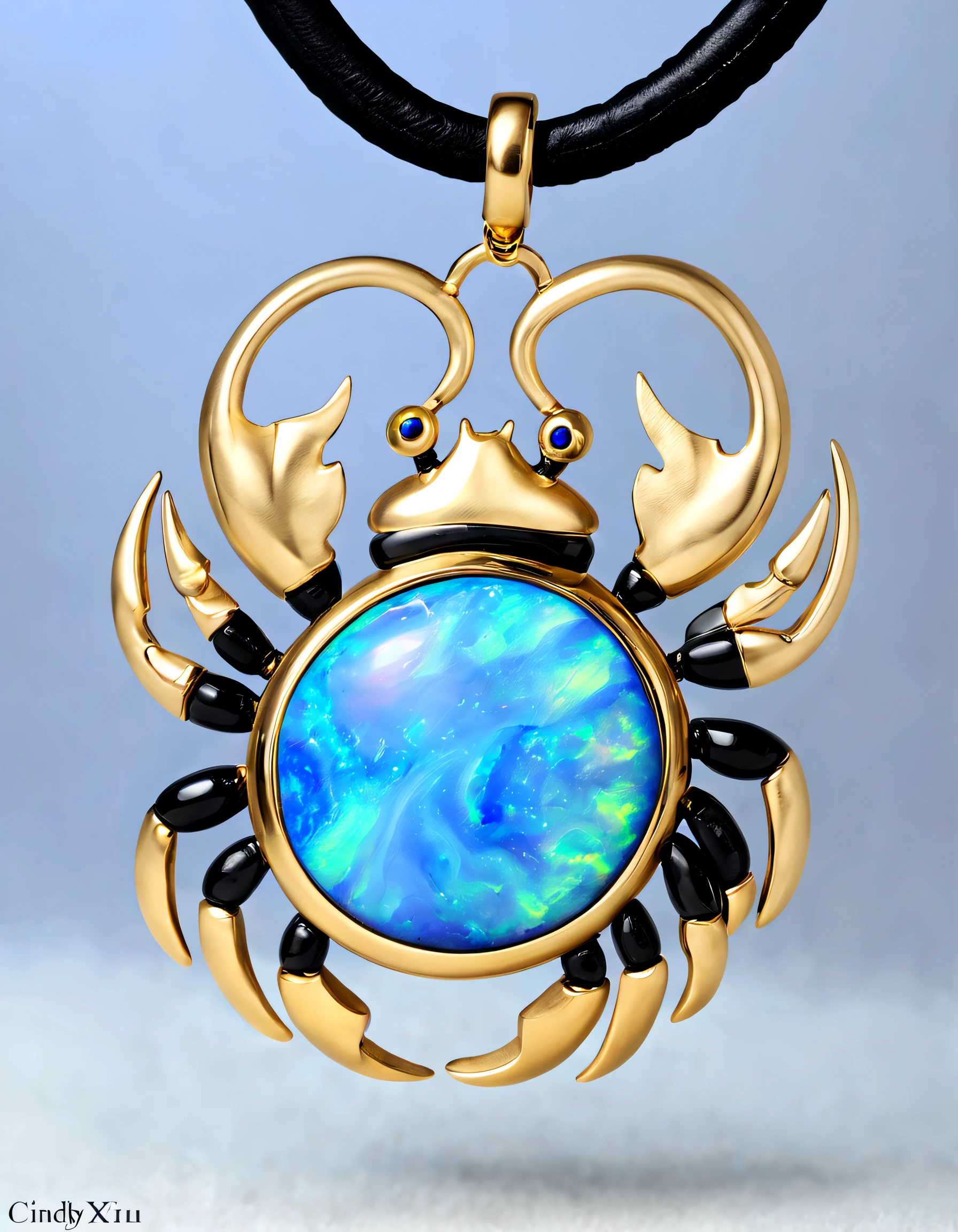 in style of Alexander Archipenko，Item design, (A black round Cancer pendant), (A small golden crab is carved on it），（a double opal: 1.3), (Black leather rope), Frosted process, lapis lazuli, turquesa, (12 constellation symbols: 1.1), (Freehand Cancer constellation pattern: 1.1), (Side engraved symbol cindy xu: 1.3), Geometric patterns, Black stone, delicate constructions, The process is complex, Boho Style, Van Cleef & Arpels ， cartier, Background with: The white, jewelry photography, hyper HD, high high quality,