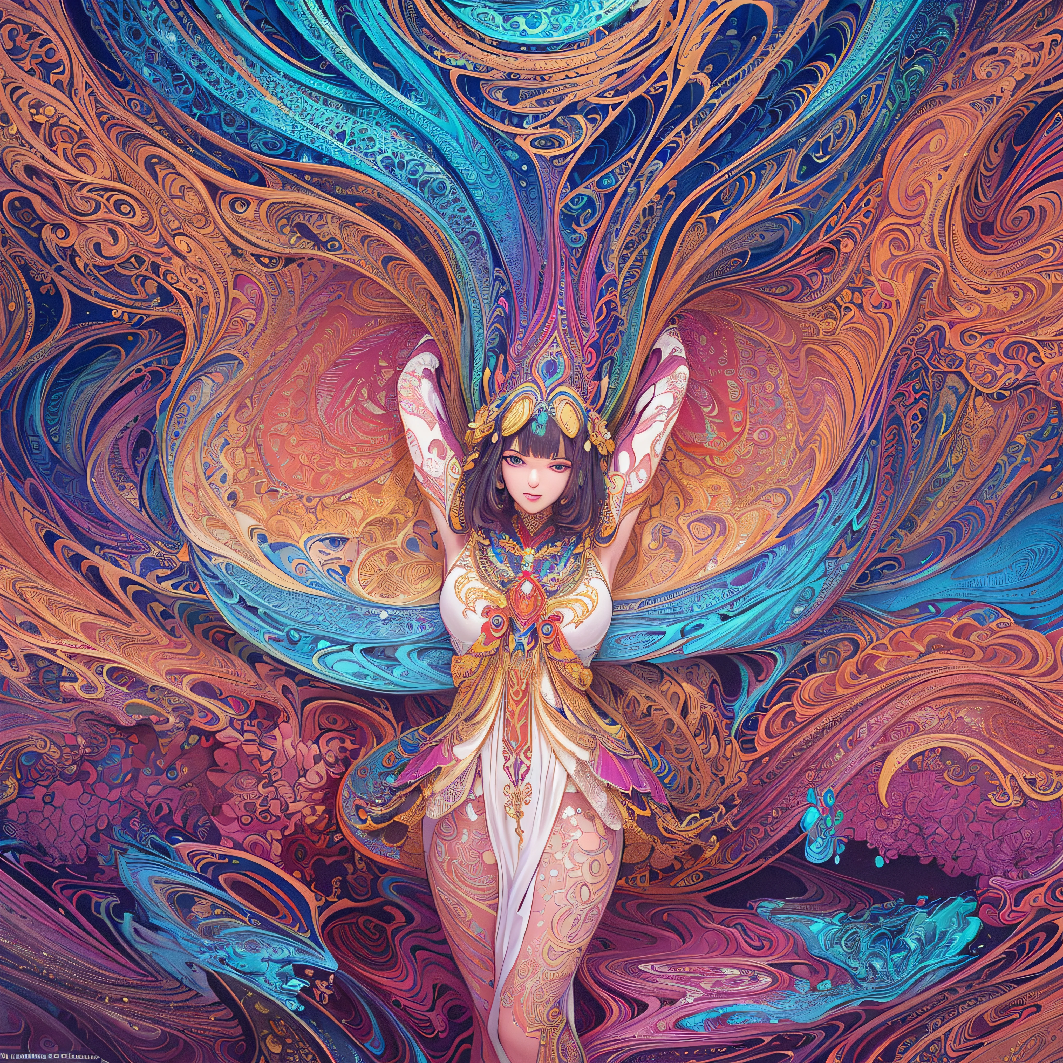 (masterpiece, top quality, best quality, official art, beautiful and aesthetic:1.2), (1girl:1.3), extremely detailed,(fractal art:1.2),colorful,highest detailed,(zentangle:1.2), (dynamic pose), (abstract background:1.5), (treditional dress:1.2), (shiny skin), (many colors:1.4), upper body