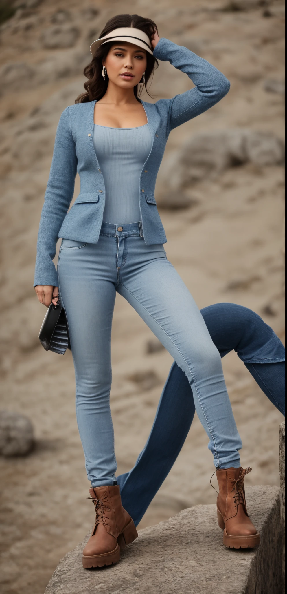 there is a woman standing on a hill with her hands on her head, em roupas! altamente detalhado, tiro de corpo inteiro hiperdetalhado, azul e cinza, roupas de caminhada, Roupas realistas, sparkling in the sunlight, corpo inteiro altamente detalhado, standing pose on stones, roupas realistas, roupa azul, blue jeans. irreal 5, casaco longo fechado azul skintight