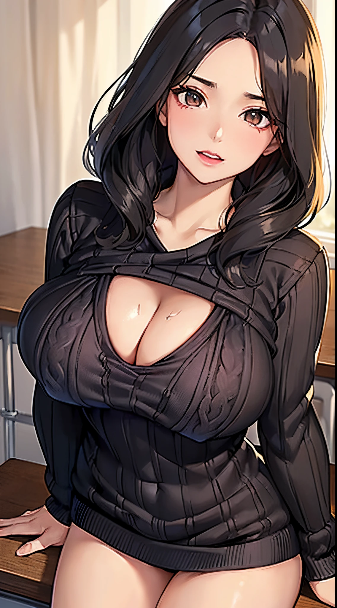 Young woman with black hair (((large full breasts))) (((Sweater with wide open chest))) (((cleavage of the breast))) inside in room (((Put your chest on the desk)))