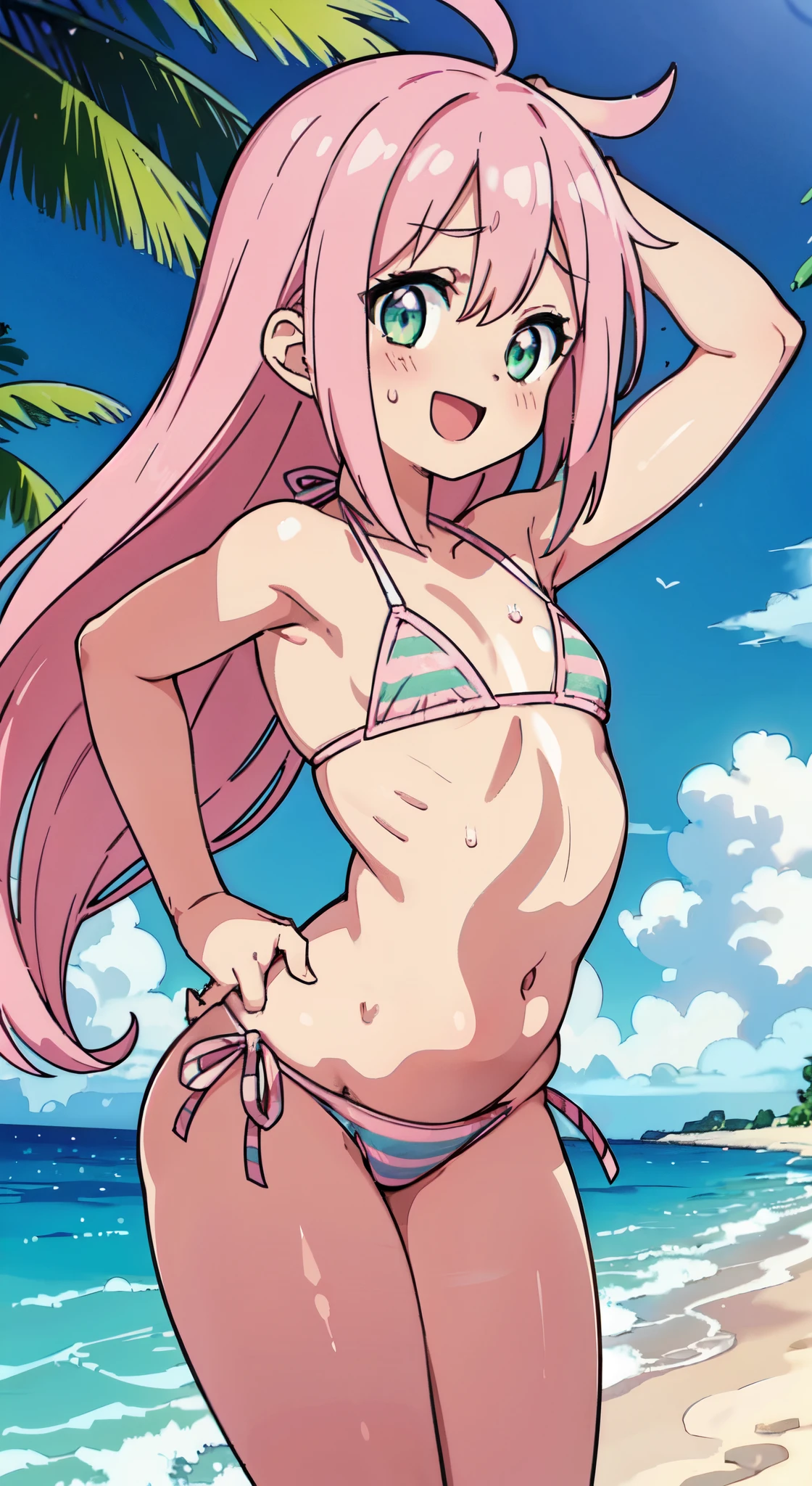 (( 1girl in)), (NSFW)、blush,Pink hair、Parted bangs、Forehead、white forehead protector、green colored eyes、(((Pink striped bikini))) ,the beach、((tiny chest))、big butts、((thick thighs))、Sweat、((:D))、Surprised、(Straight hair)、Longhaire、spreading legs、(White shoulder armor)、Gold decoration、Blue crystal、Armpits、Hands are outstretched