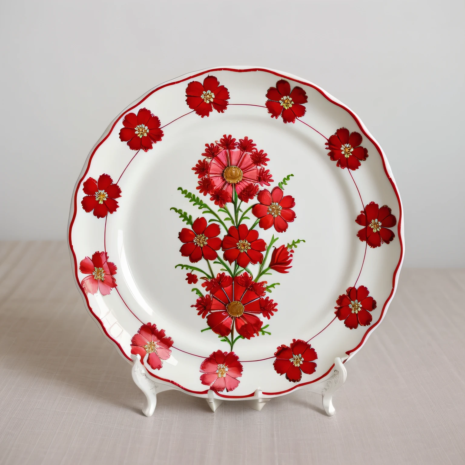There is a red and white plate，There is a flower on it, red cabbage, handpainted, plate, Bourgeois, Inspired by Annabelle Kidson, Garris Edelweiss, Retro European Folk Art, handpainted, Set 1 8 6 0, author：Villard de Haonecourt, porcelain, Inspired by Marie Azheid, Edward Clark