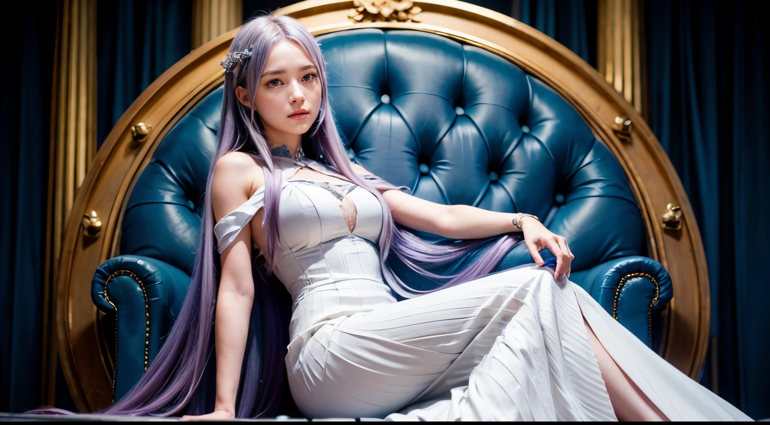 Quinella_Admin, smirk, sitting, throne, (acclaimed, alluring, captivating, exciting, gorgeous, striking:1.3), (highly detailed, high quality:1.3)