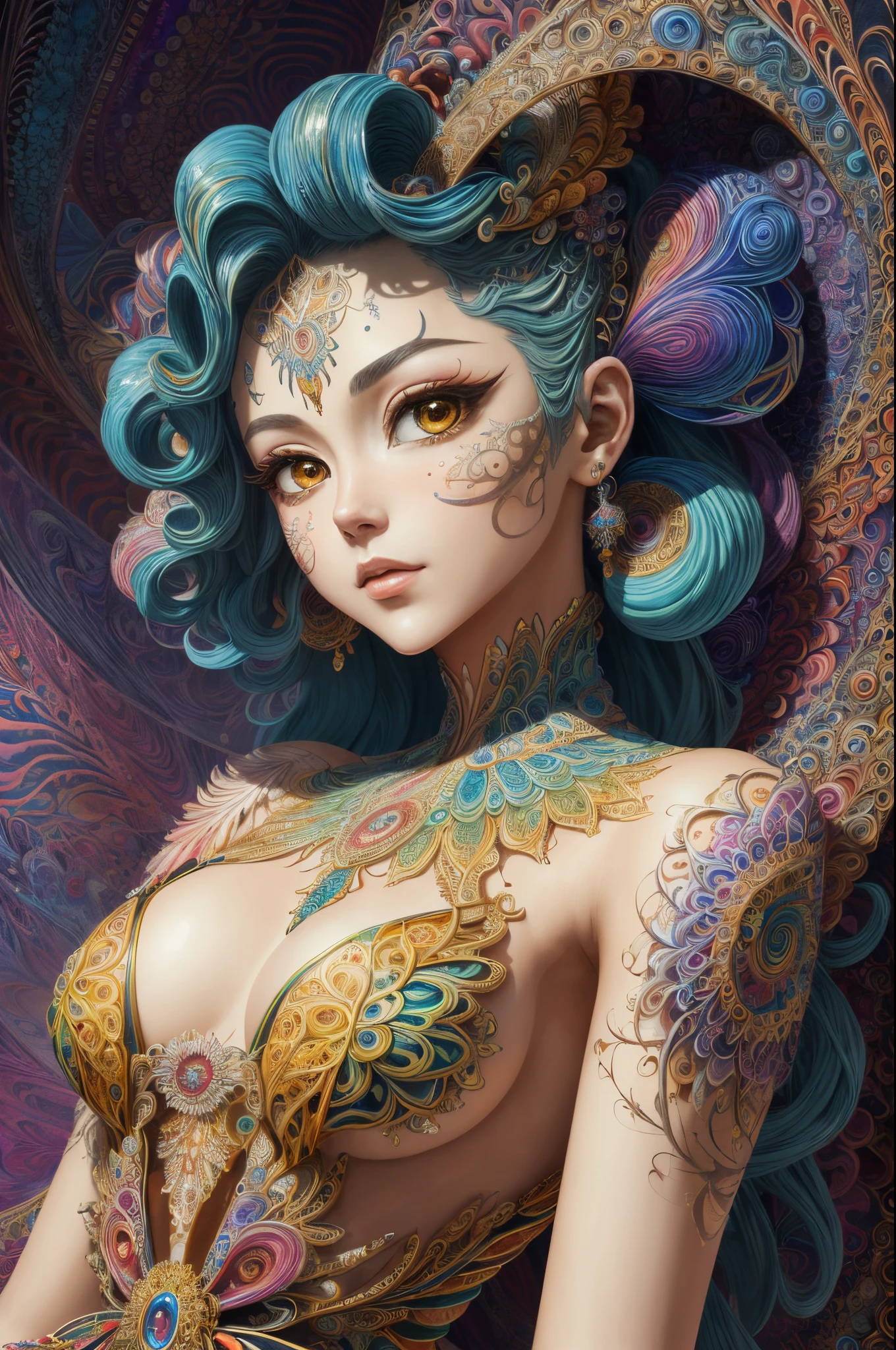 (masterpiece, top quality, best quality, official art, beautiful and aesthetic:1.2), (1 nacked girl:1.3), extremely detailed,(fractal art:1.2),colorful,highest detailed,(zentangle:1.2), (dynamic pose), (abstract background:1.5), (treditional dress:1.2), (shiny skin), (many colors:1.4), upper body, masterpiece, best quality,high quality,highres, 16K,RAW,ultra highres,ultra details,finely detail,an extremely delicate and beautiful,extremely detailed,real shadow, anime,highly detailed painted,award winning glamour paintting,wonderful paintting,art style,stylized,