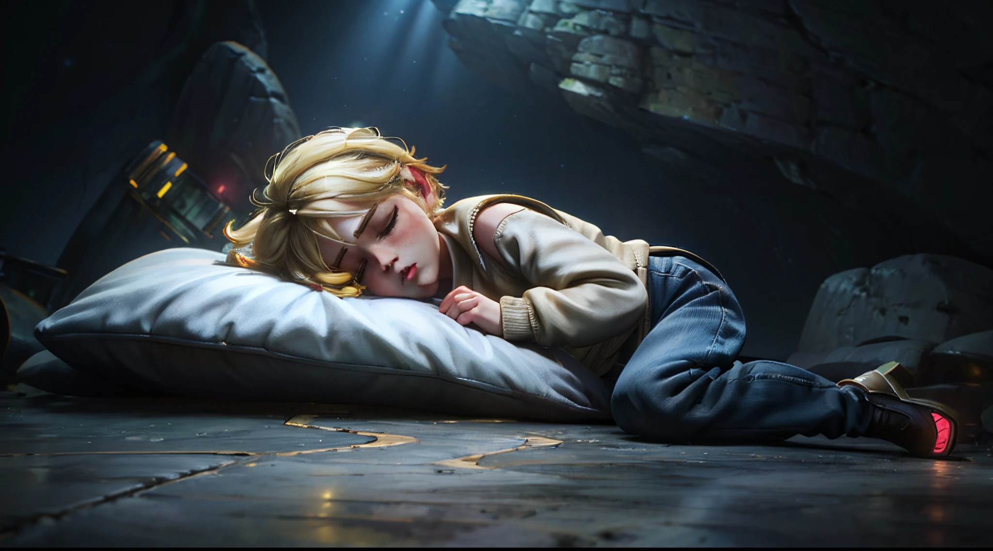 Small blonde girl, 1girl, child, wearing a yellow sweater and black pants, side view, unconcious on the ground, sleeping sideways, sleeping positioned sideways, ground is rocky, rocky floor, focused on face, unconcious, dark surroundings, blue-ish cave, small blue light illuminating from small industrial lights from afar, ((wide shot)), ((masterpiece))