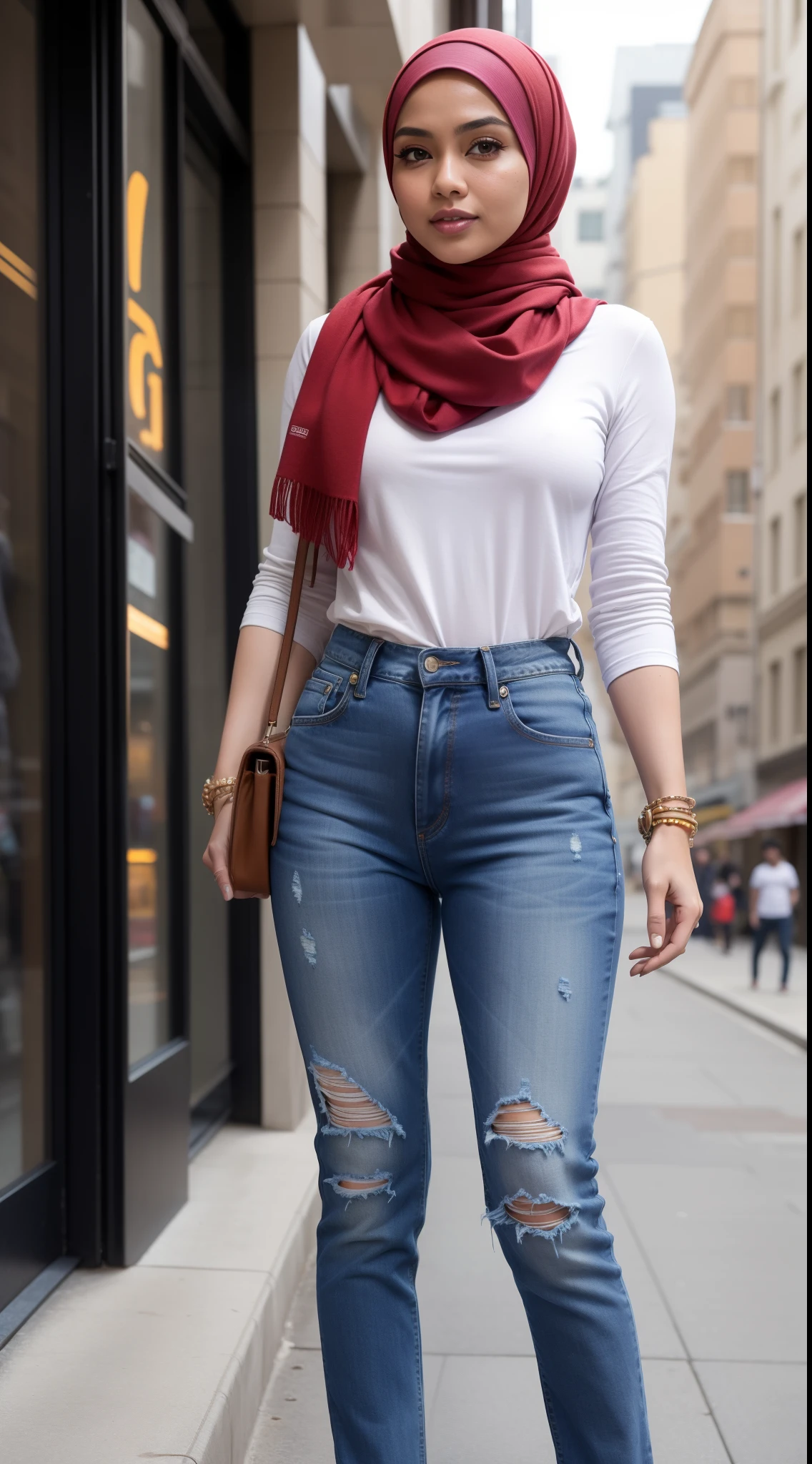 RAW, Best quality, high resolution, masterpiece: 1.3), beautiful Malay woman in hijab (iu:0.8),wearing a scarf and jeans standing on a sidewalk, full body picture, wearing jeans, casual clothes, student, photo of slim girl, jeans, casual pose, full body pictures, wearing casual clothes, skinny waist and thick hips, hijab, wearing casual clothing, ( ( ( wearing jeans ) ) ), women full body, full body in camera, big breast, leaked image