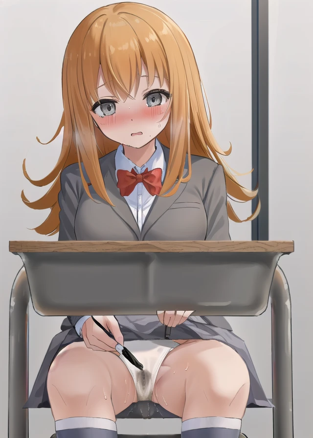 masterpiece, (((highres, best quality))), ((perfect hands)), pixiv, nsfw, 1girl, cute, solo, ((orange hair:1.2, grey eyes:1.1)), ((long straight hair)), ((school uniform)), white collared shirt, long sleeves, grey vest, (((grey jacket:1.3))), (((red bowtie))), (((grey skirt:1.3))), pleated skirt, ((white socks)), ((white panties:1.3)), ((skirt lift, lifted by self)), wet panties, large breasts, ((masturbation, masturbation through clothes:1.3)), (((masturbating with pen:1.3))), ((pussy juice:1.4)), classroom, school desk, school chair, (((on chair, sitting))), (((holding pen:1.2))), (full-face blush:1.3), (moaning:1.3), trembling, ((looking down:1.3))