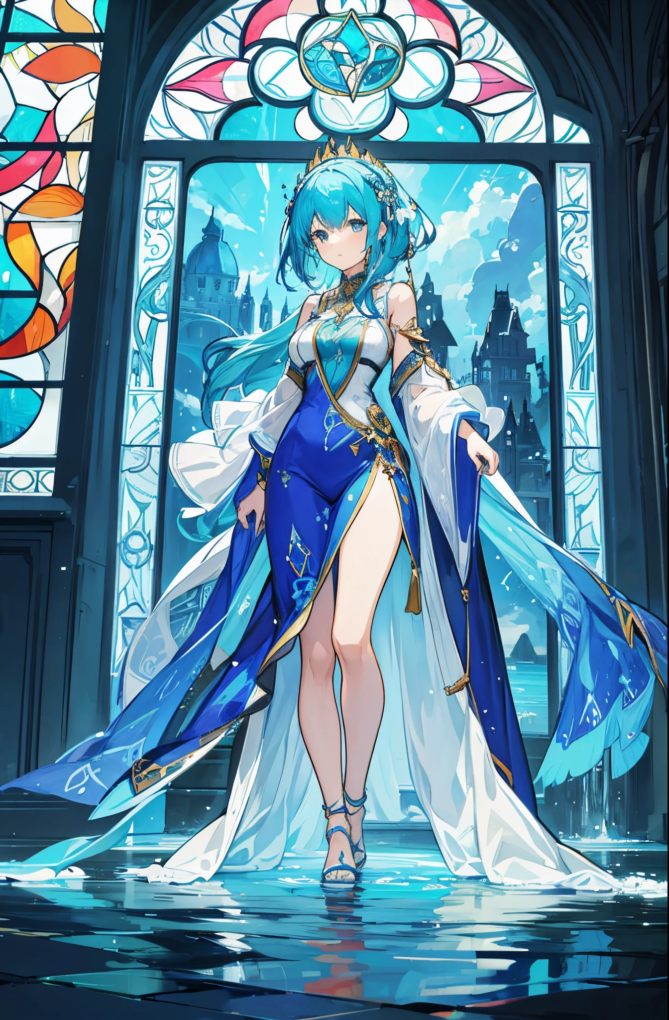 A woman wearing "water" themed clothing. Fantasy style. Stained glass style.