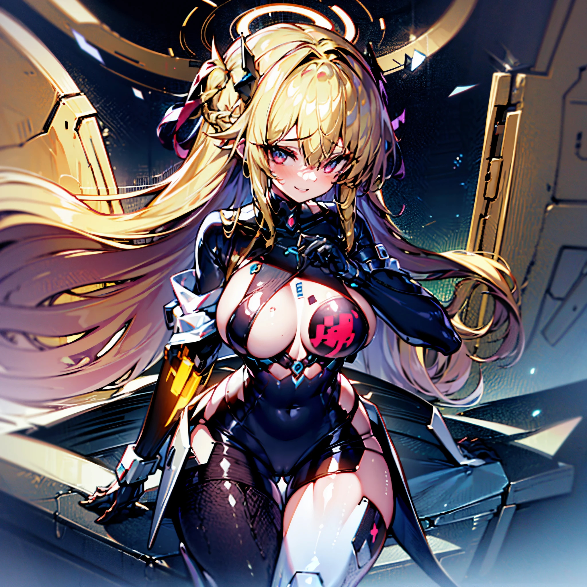 1 girl, solo, Asuma_Toki, Blue_Archive, mature woman, gorgeous girl, blonde hair with colourful tips, long hair, hair between eyes, side bangs, grin, evil grin, medium breasts, cool hairpin accessory, futuristic halo above head, red and black mecha body armour, cool pose, holding knife, perfect anatomy