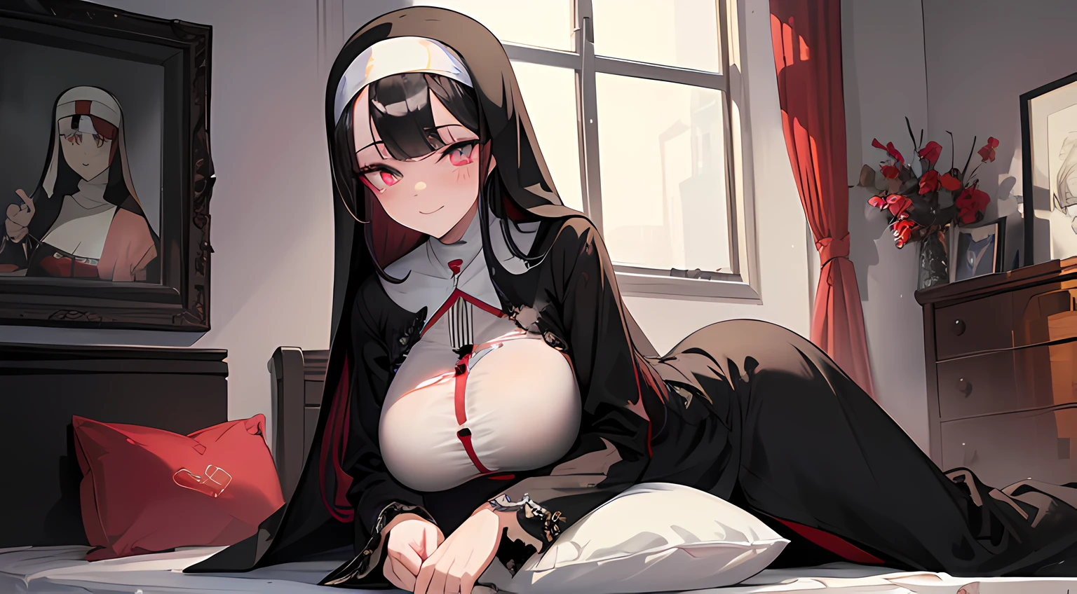 1 woman, a nun posing for a picture in bedroom, (black hair, red eye color, cat pupils), blushed face, long nun outfit, big , a picture by void_0, pixiv, anime girls,  smile while unbutton her shirt, (beautiful detailed eyes:1.6), extremely detailed face, perfect lighting, extremely detailed CG, (perfect hands, perfect ).