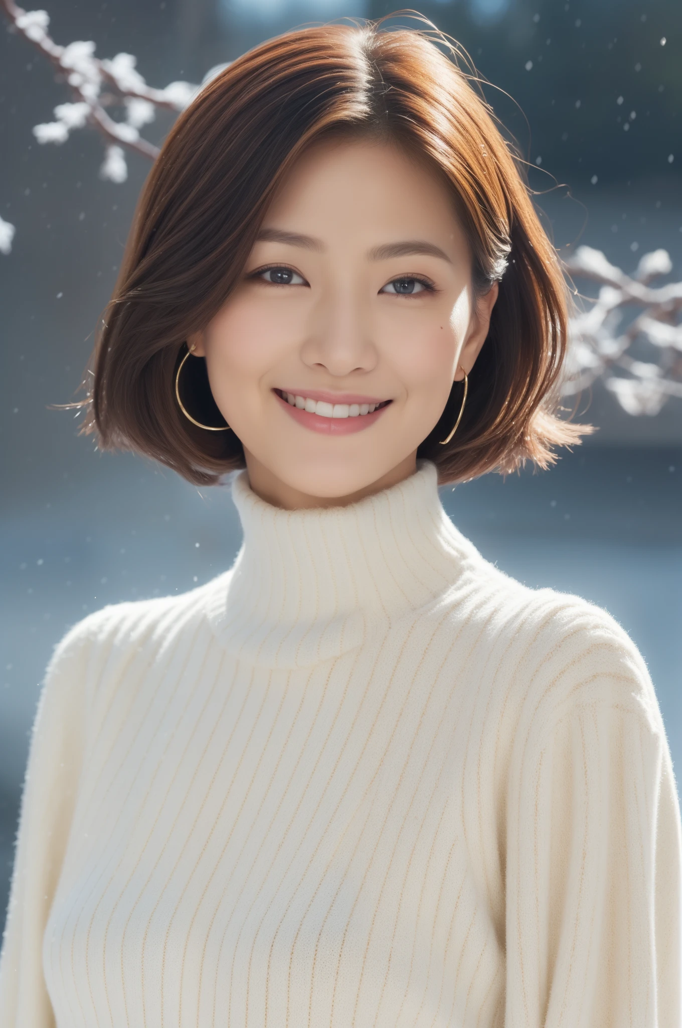 ((top-quality、in 8K、fully body photo、masterpiece:1.3))、foco nítido:1.2、Beautiful 50 year old woman with perfect figure:1.4、(Layered Hair Style:1.2))、(Thick coat:1.3)、muffler:1.2、large earring:1.1、Highly detailed facial and skin texture、A detailed eye、二重まぶた、A smile、snowy background