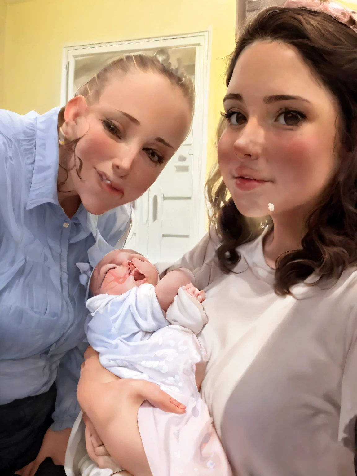 there is a woman holding a baby in her arms, profile image, licking out, kaitlyn michelle siragusa, kissing together cutely, babies in her lap, maternal photography 4 k, profile shot, valentina remenar, reddit post, 1614572159, pouty face, high quality upload