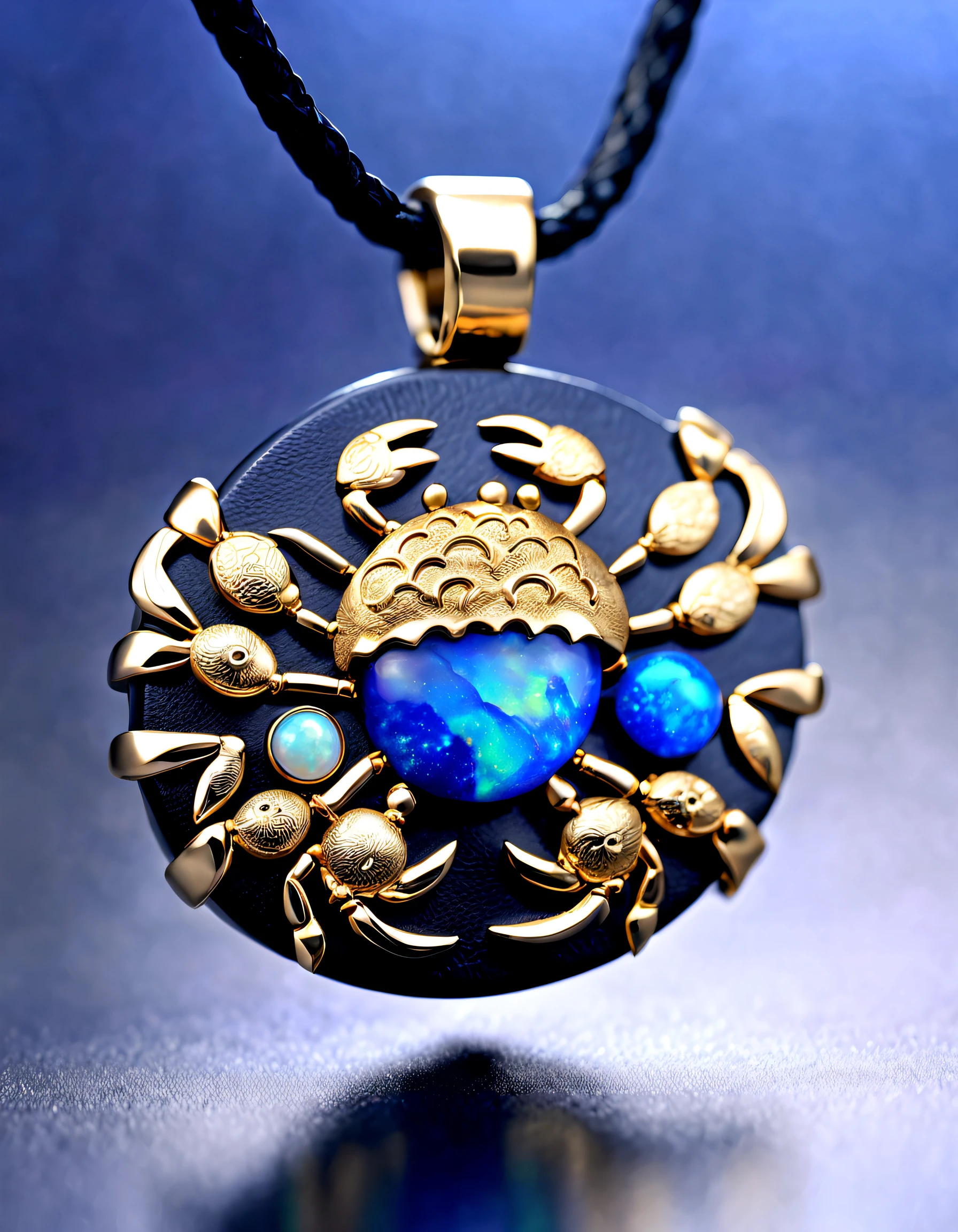 Item design, (black round cancer pendant), (A small golden crab is engraved on it），（double opal: 1.3), (Black leather rope), Frosted process, lapis lazuli, turquesa, (12 constellation symbols: 1.1), (Freehand Cancer constellation pattern: 1.1), (Side engraved symbol cindy xu: 1.3), Geometric patterns, Black stone,
 delicate constructions, The process is complicated, Boho Style,  Van Cleef & Arpels & alpes & alps&alps, cartier, 
Background with: The white, jewelry photography, hyper HD, high high quality,