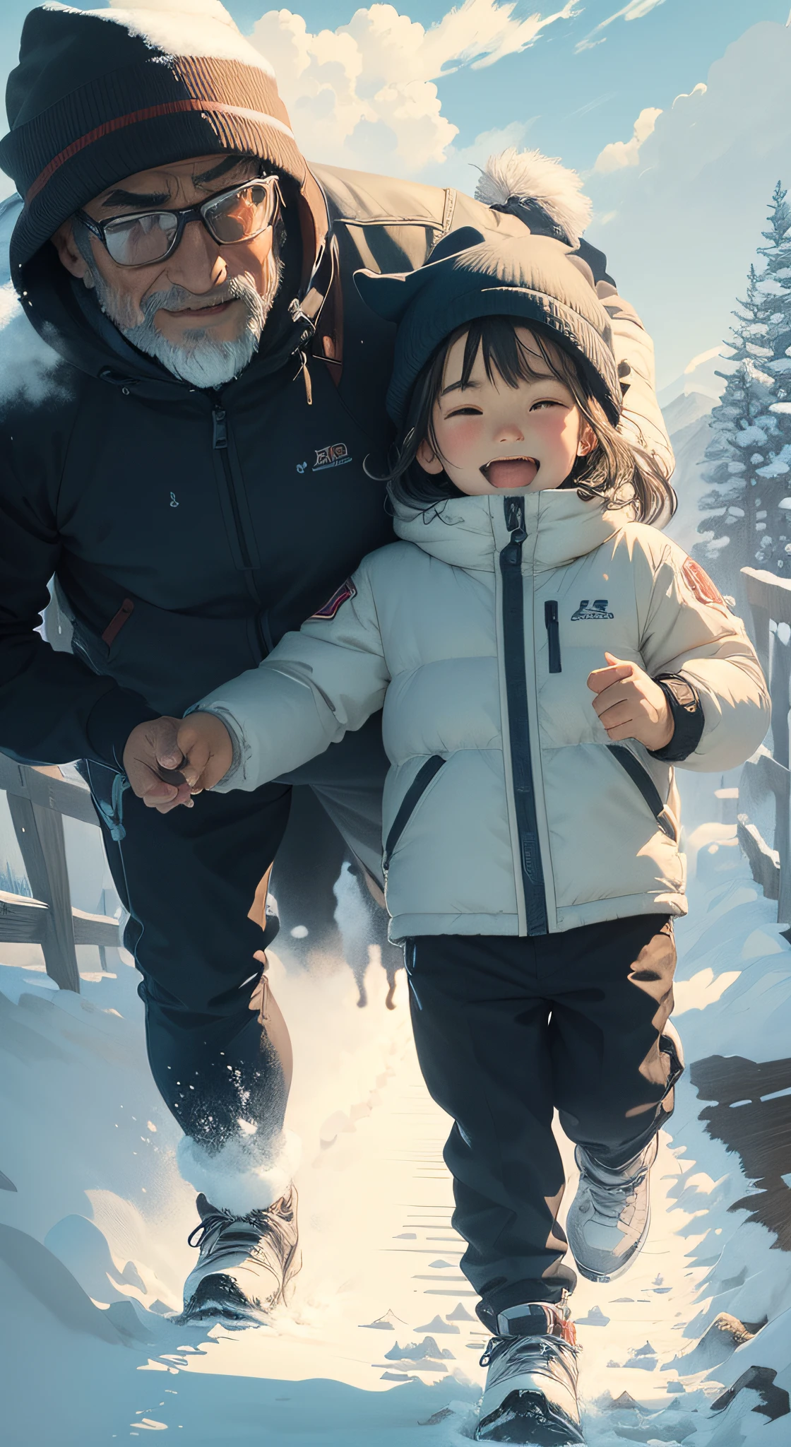 Illustration style, high-definition, Hayao Miyazaki, father and running on rural roads with snow capped mountains in the background