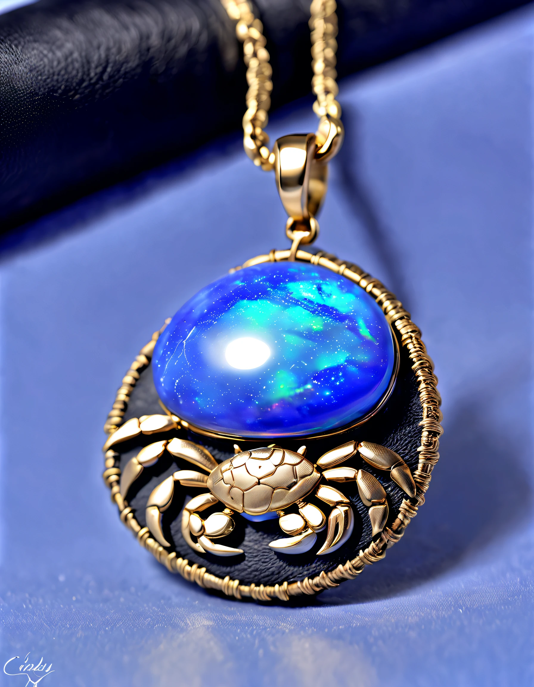 Item design, (black round cancer pendant), (A small golden crab is engraved on it），（double opal: 1.3), (Black leather rope), Frosted process, lapis lazuli, turquesa, (12 constellation symbols: 1.1), (Freehand Cancer constellation pattern: 1.1), (Side engraved symbol cindy xu: 1.3), Geometric patterns, Black stone,
 delicate constructions, The process is complicated, Boho Style,  Van Cleef & Arpels & alpes & alps&alps, cartier, 
Background with: The white, jewelry photography, hyper HD, high high quality,