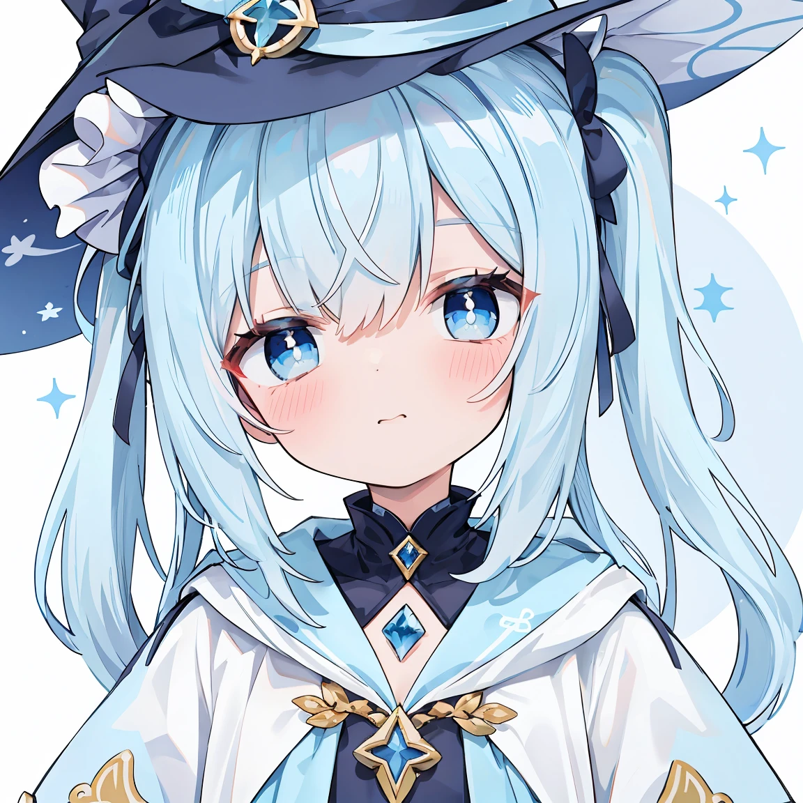 extremely detailed CG unified wallpapers 8k, very good wallpaper 8KCG, Absurder，Lori ，Best Quality ，ultra-detailliert ，beatiful face ，tmasterpiece、tmasterpiece、Outstanding picture quality、topquality、light-blue hair、Light blue witch costume、Witch's Hat、Light blue face、two-side-up、light blue eyes、Cute little