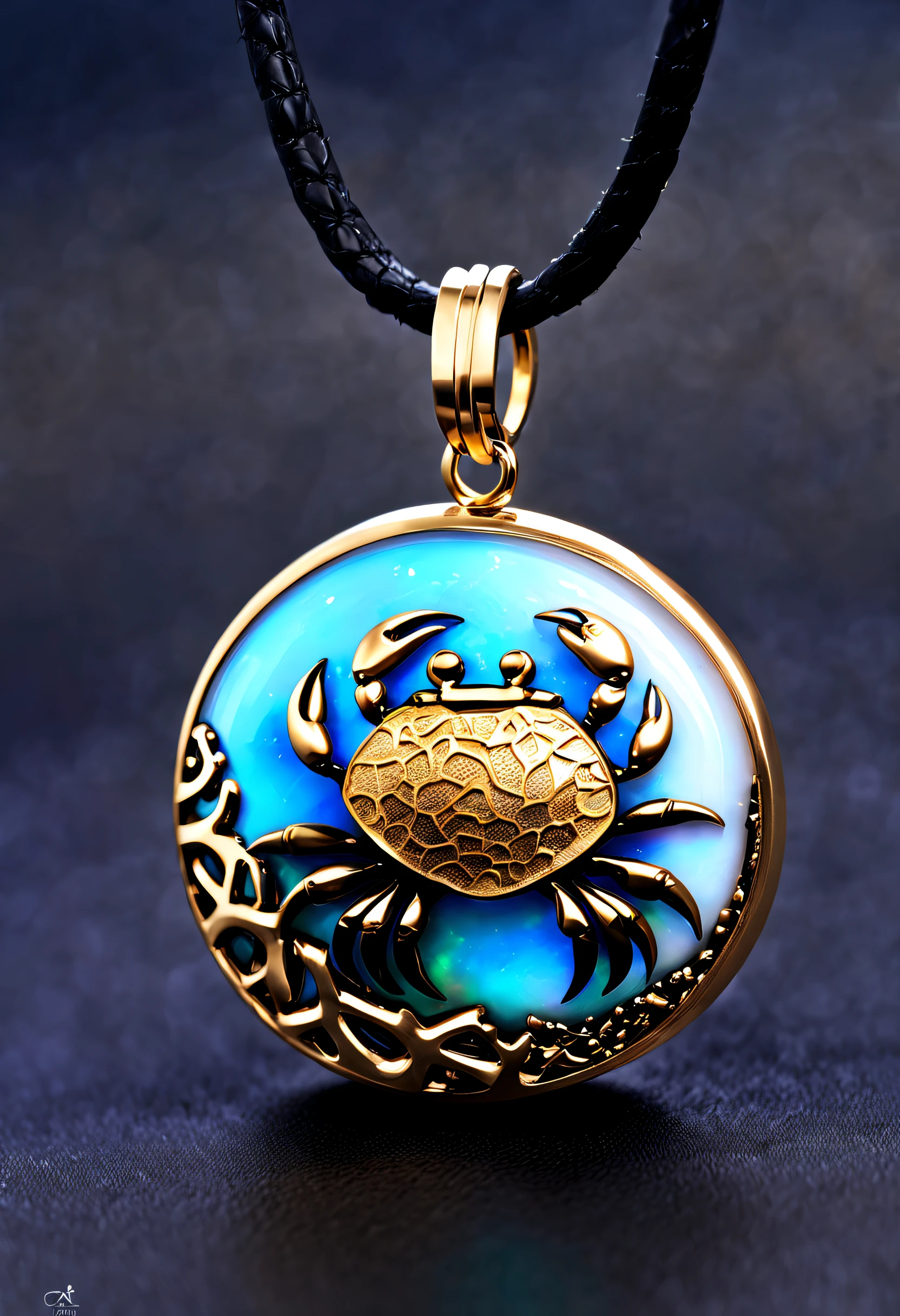 Item design, Brand design，Logo design，(A black round abstract de Cancer pendant), (A small golden crab is carved on it），（a double opal: 1.3), (Black leather rope), （Black gold border：1.1），Frosted process, (12 constellation symbols: 1.2), (The side of the pendant is engraved with the letters cindy xu）, Geometric patterns, Black stone, delicate constructions, The process is complex, Boho Style, Van Cleef & Arpels , cartier, 
Background with: The white, jewelry photography, hyper HD, high high quality,