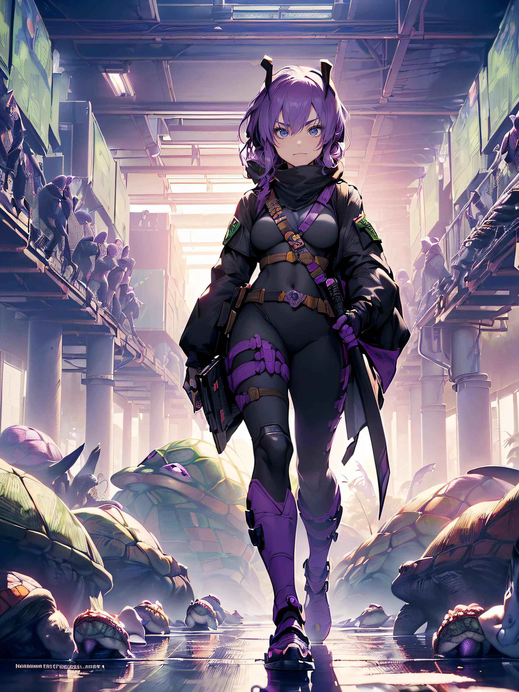 A female Teenage Mutant Ninja Turtle:1.5, (A female Teenage Mutant Ninja Turtle:1.4), (a humanoid turtle who is trained in ninjutsu:1.3), (having a purple bandana and wielding a naginata:1.3), (the fifth member and the only girl of the team:1.3), (named after a Renaissance artist:1.3), (her name is Donatella:1.4), (the smartest and the most tech-savvy of the group:1.4), (often inventing gadgets and hacking devices:1.4), (having a crush on Donatello, her male counterpart:1.3), (being friendly and optimistic, but also sarcastic and witty:1.3), (a close friend of April O’Neil, a human reporter who helps the turtles:1.4), (a full-body shot of her standing in her lair, surrounded by computers and machines:1.4)