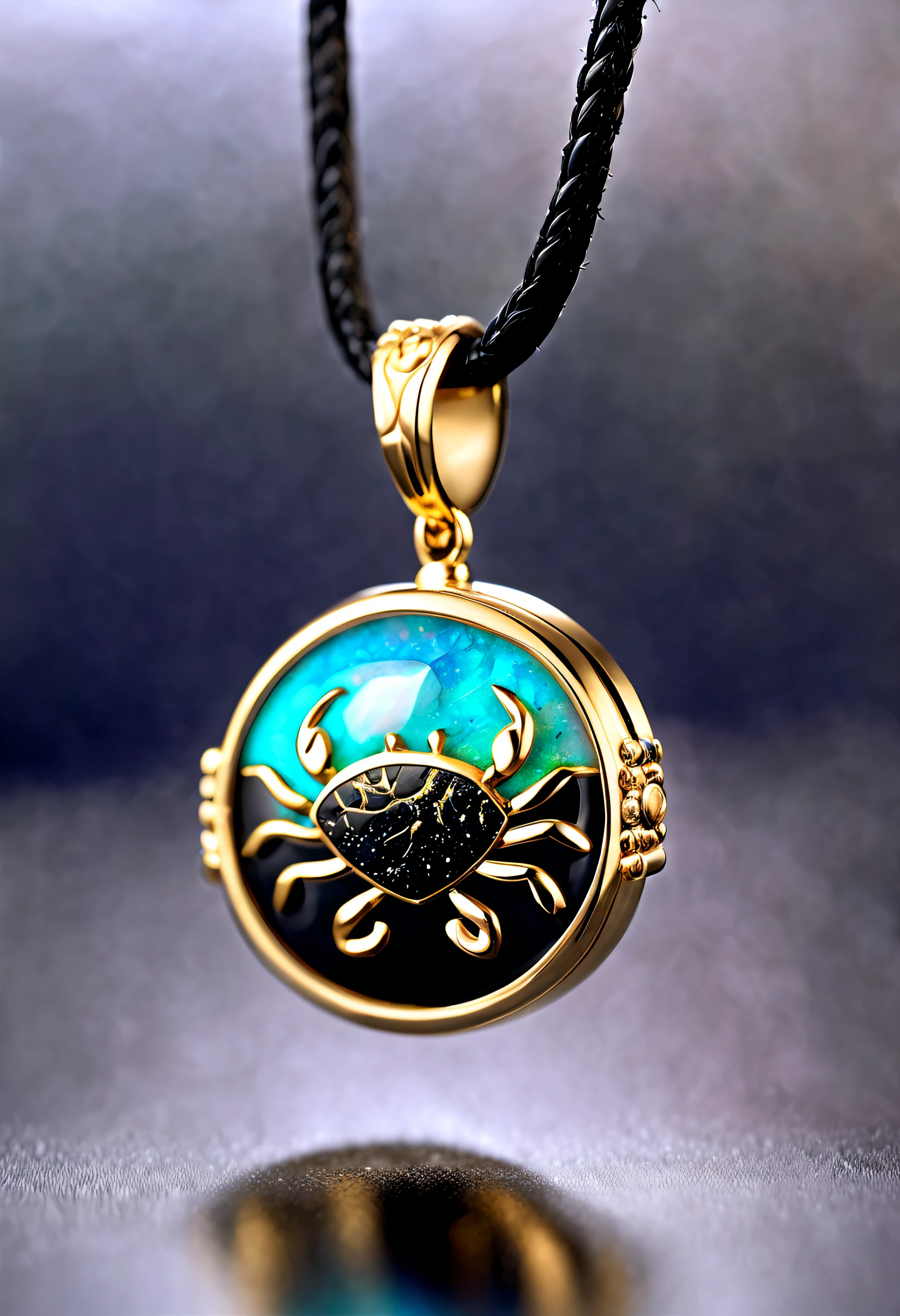 Item design, Brand design，Logo design，(A black round abstract de Cancer pendant), (A small golden crab is carved on it），（a double opal: 1.3), (Black leather rope), （Black gold border：1.1），Frosted process, (12 constellation symbols: 1.2), (The side of the pendant is engraved with the letters cindy xu）, Geometric patterns, Black stone, delicate constructions, The process is complex, Boho Style, Van Cleef & Arpels , cartier, 
Background with: The white, jewelry photography, hyper HD, high high quality,