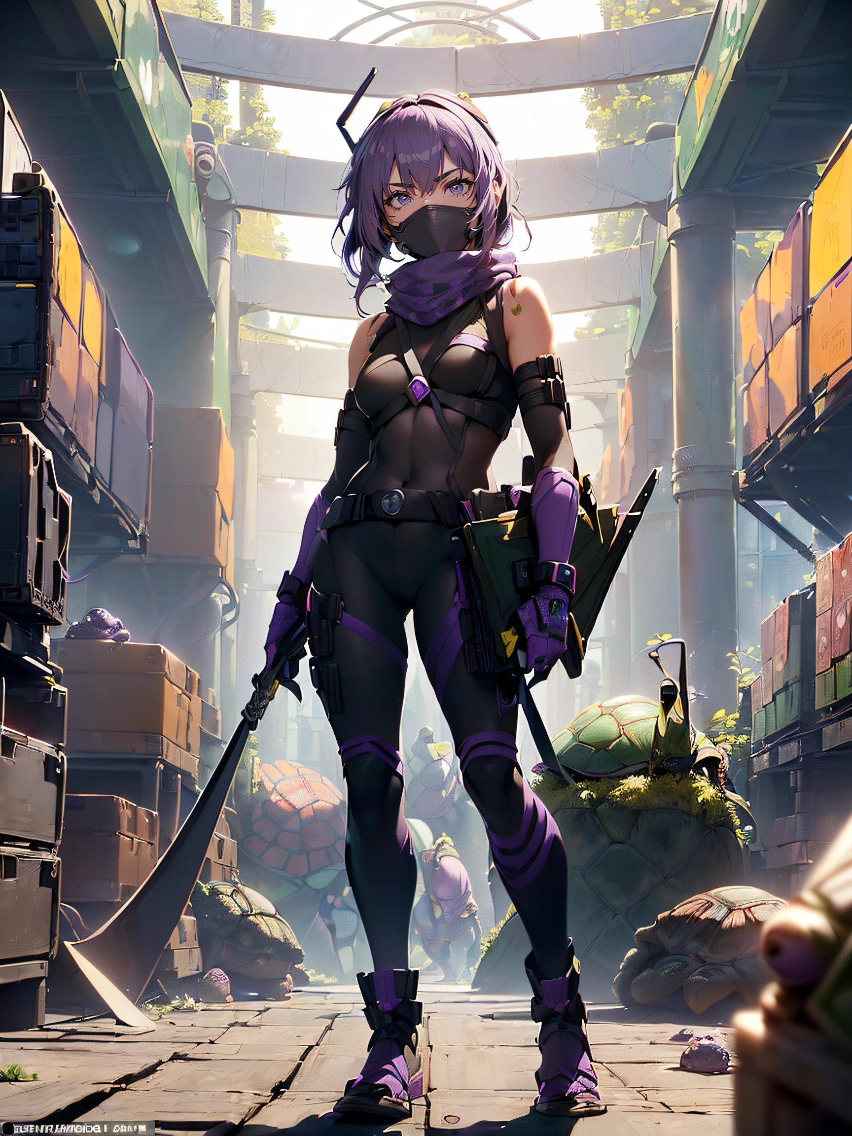 A female Teenage Mutant Ninja Turtle:1.5, (A female Teenage Mutant Ninja Turtle:1.4), (a humanoid turtle who is trained in ninjutsu:1.3), (having a purple bandana and wielding a naginata:1.3), (the fifth member and the only girl of the team:1.3), (named after a Renaissance artist:1.3), (her name is Donatella:1.4), (the smartest and the most tech-savvy of the group:1.4), (often inventing gadgets and hacking devices:1.4), (having a crush on Donatello, her male counterpart:1.3), (being friendly and optimistic, but also sarcastic and witty:1.3), (a close friend of April O’Neil, a human reporter who helps the turtles:1.4), (a full-body shot of her standing in her lair, surrounded by computers and machines:1.4)