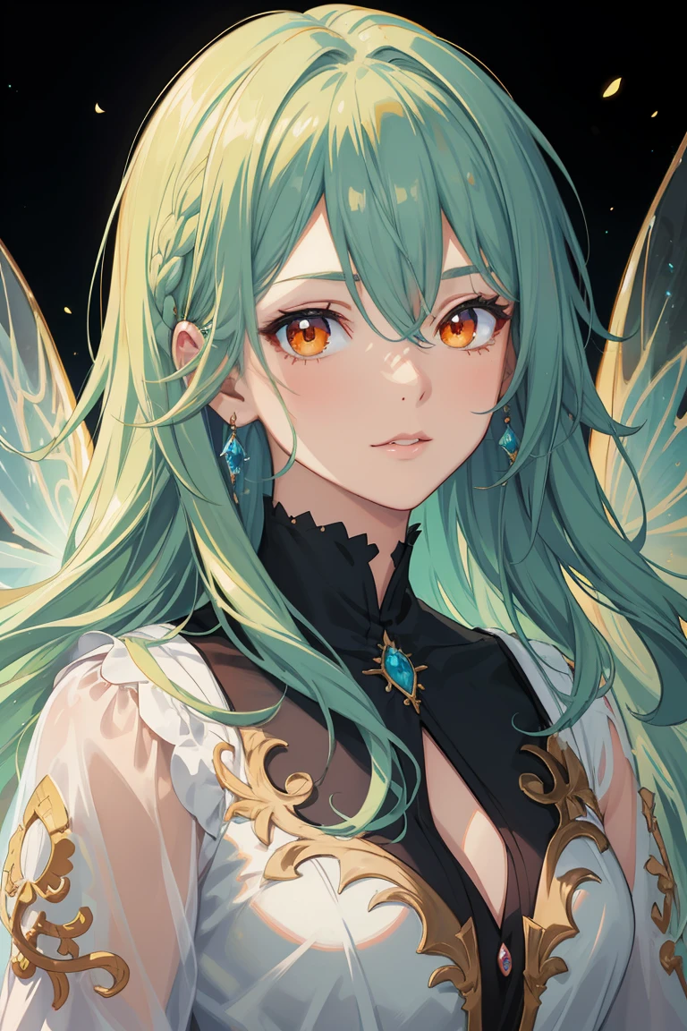 a 1girl, (fantasy), (Cabelo Verde Longo), (Orange Eyes), medieval rupa, fairy wings, Fundo de Floresta, Elegant dress, Beautiful eyes, beautiful hair, anime portrait, HD, 4k, Detailed, Detailed Face, Toned face, Rainbow effects, Mystic
