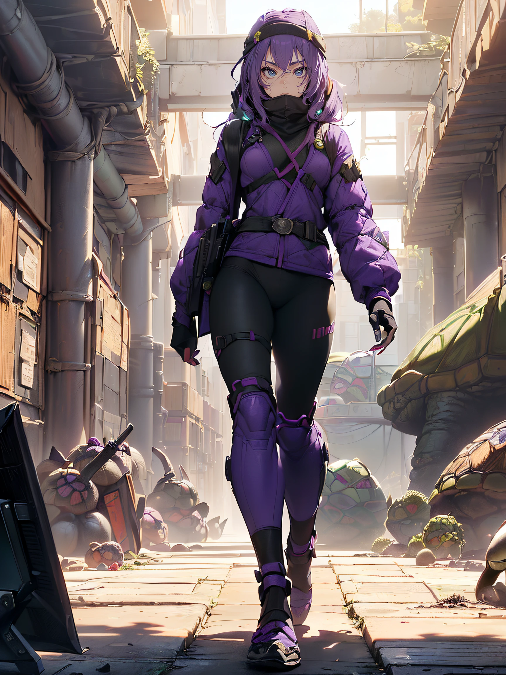 A female Teenage Mutant Ninja Turtle:1.5, (A female Teenage Mutant Ninja Turtle:1.4), (a humanoid turtle who is trained in ninjutsu:1.3), (having a purple bandana and wielding a naginata:1.3), (the fifth member and the only girl of the team:1.3), (named after a Renaissance artist:1.3), (her name is Donatella:1.4), (the smartest and the most tech-savvy of the group:1.4), (often inventing gadgets and hacking devices:1.4), (having a crush on Donatello, her male counterpart:1.3), (being friendly and optimistic, but also sarcastic and witty:1.3), (a close friend of April O’Neil, a human reporter who helps the turtles:1.4), (a full-body shot of her standing in her lair, surrounded by computers and machines:1.4)