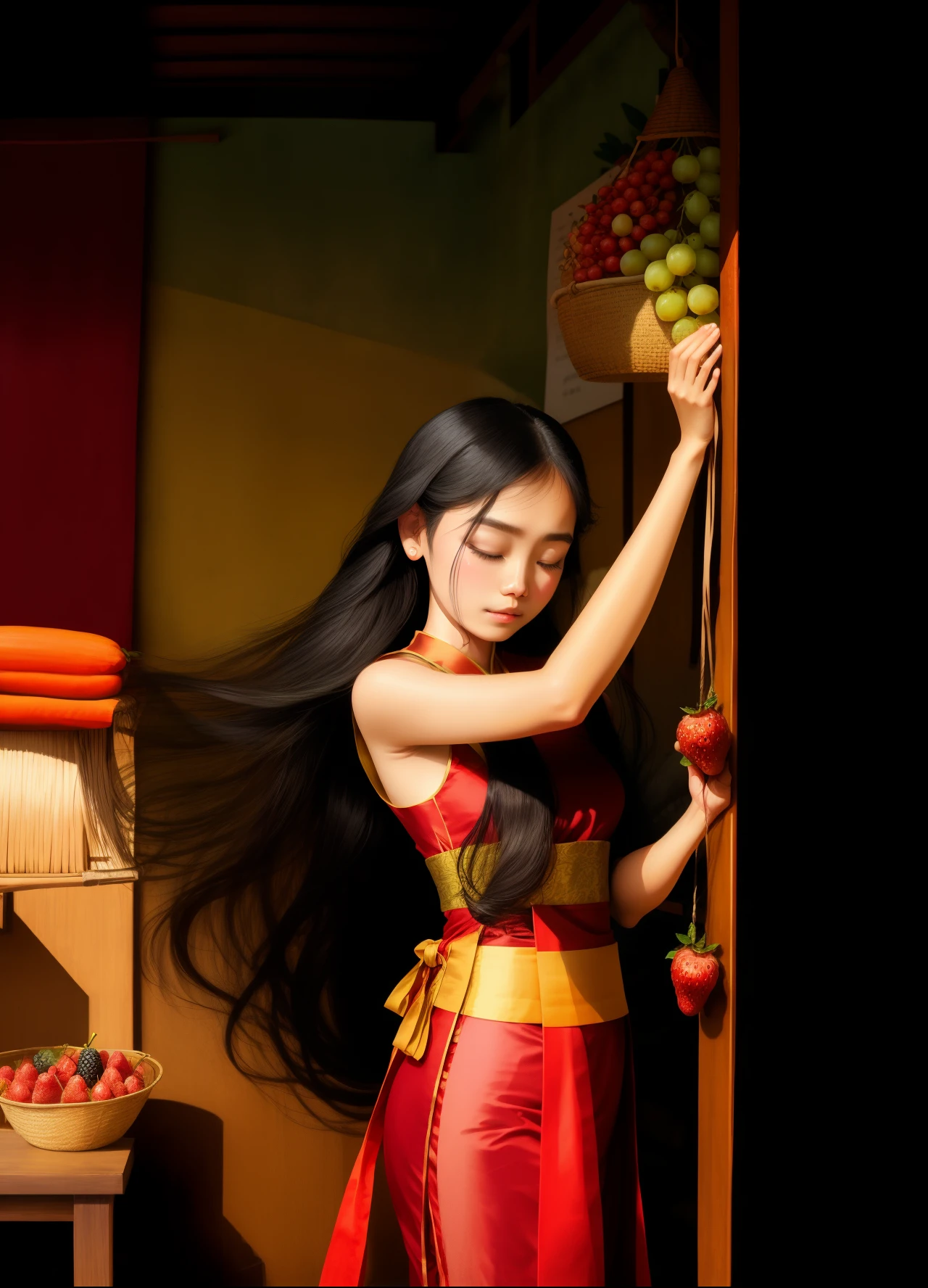 draw a long hair woman(thai dress),stretch the arms,hand tied,Around her were dozens of fruits,sleep with turning face up,