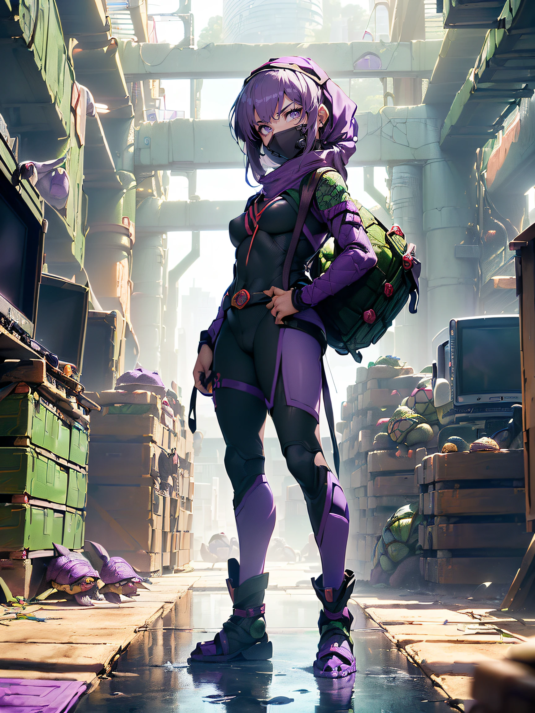 A female Teenage Mutant Ninja Turtle:1.5, (A female Teenage Mutant Ninja Turtle:1.4), (a humanoid turtle who is trained in ninjutsu:1.3), (having a purple bandana and wielding a naginata:1.3), (the fifth member and the only girl of the team:1.3), (named after a Renaissance artist:1.3), (her name is Donatella:1.4), (the smartest and the most tech-savvy of the group:1.4), (often inventing gadgets and hacking devices:1.4), (having a crush on Donatello, her male counterpart:1.3), (being friendly and optimistic, but also sarcastic and witty:1.3), (a close friend of April O’Neil, a human reporter who helps the turtles:1.4), (a full-body shot of her standing in her lair, surrounded by computers and machines:1.4)