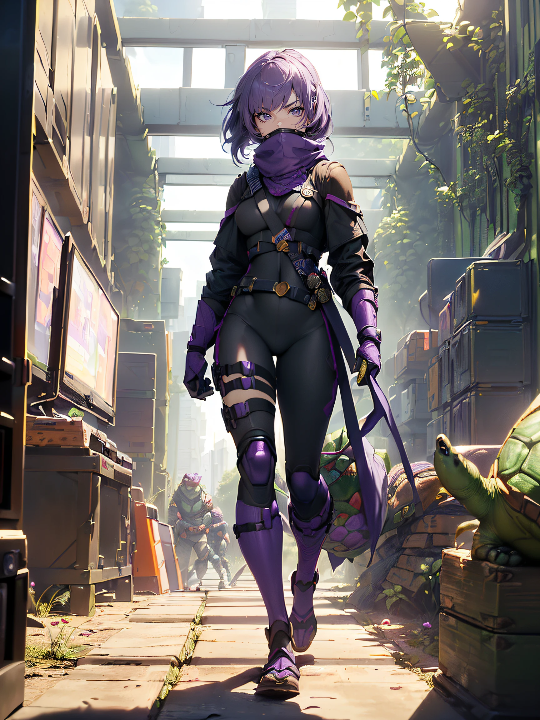 A female Teenage Mutant Ninja Turtle:1.5, (A female Teenage Mutant Ninja Turtle:1.4), (a humanoid turtle who is trained in ninjutsu:1.3), (having a purple bandana and wielding a naginata:1.3), (the fifth member and the only girl of the team:1.3), (named after a Renaissance artist:1.3), (her name is Donatella:1.4), (the smartest and the most tech-savvy of the group:1.4), (often inventing gadgets and hacking devices:1.4), (having a crush on Donatello, her male counterpart:1.3), (being friendly and optimistic, but also sarcastic and witty:1.3), (a close friend of April O’Neil, a human reporter who helps the turtles:1.4), (a full-body shot of her standing in her lair, surrounded by computers and machines:1.4)