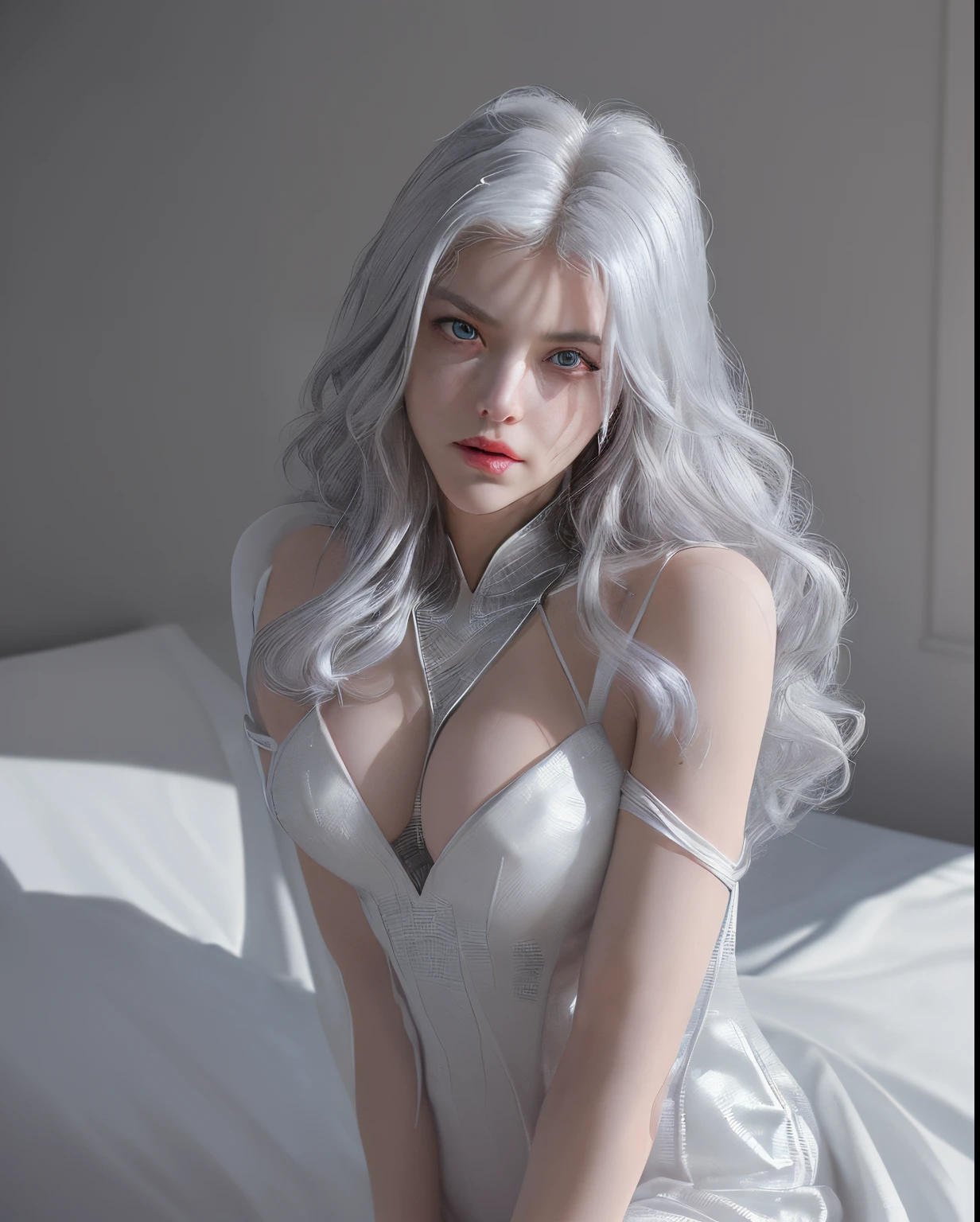 (Extreme Detail CG Unity 8K wallpaper, masterpiece, highest quality), (Exquisite lighting and shadow, highly dramatic picture, Cinematic lens effect), a beautiful girl in a white Spider-Man costume, silver gray hair color, long hair, from the Spider-Man parallel universe, Wenger, Marvel, Spider-Man, on the sofa, very beautiful face, dynamic pose), (excellent detail, excellent lighting, wide angle), (excellent rendego on bed room, enough to stand out in its class), focus on white Spider-Man costumes, complex spider textures