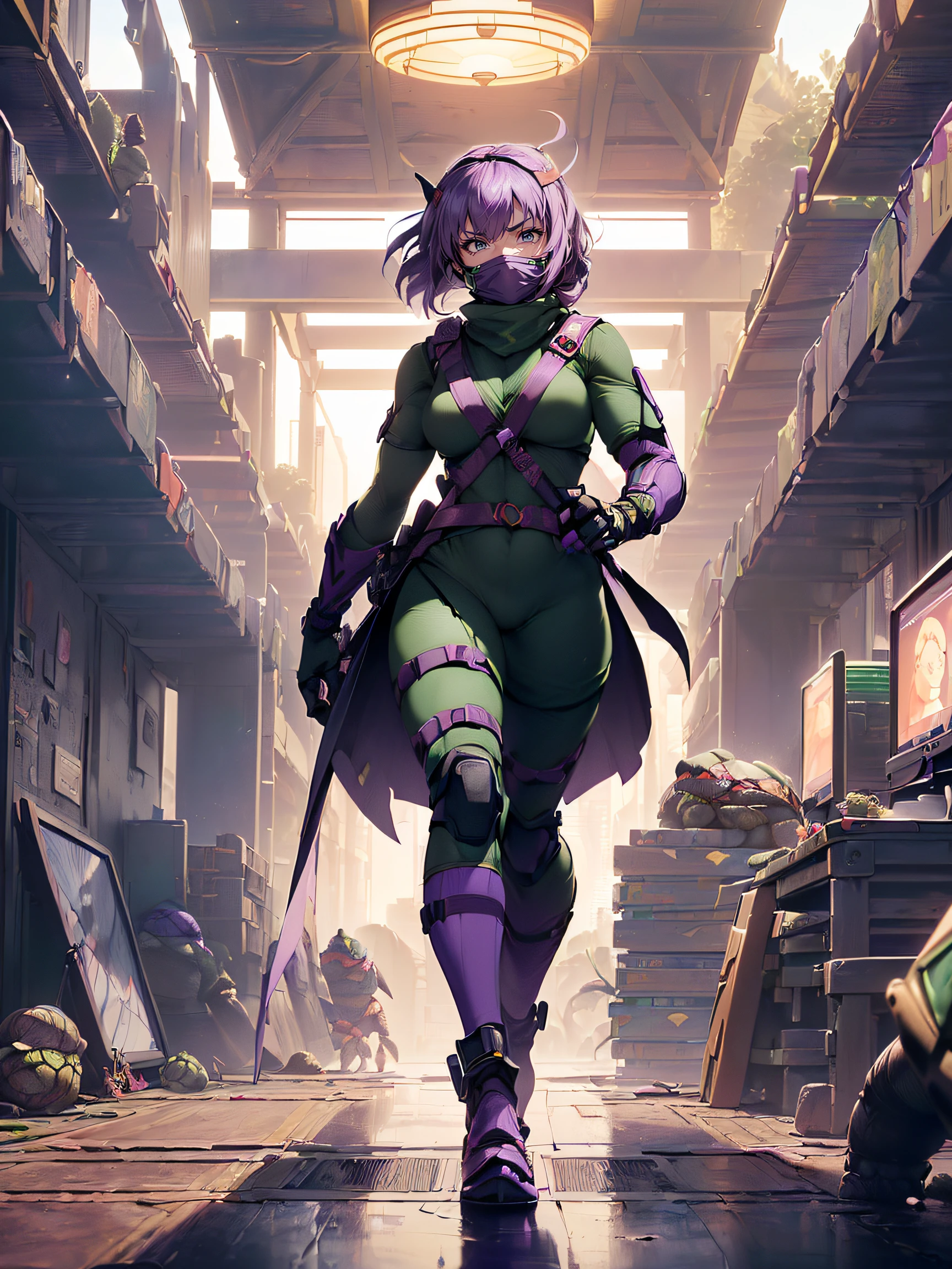 A female Teenage Mutant Ninja Turtle:1.5, (A female Teenage Mutant Ninja Turtle:1.4), (a humanoid turtle who is trained in ninjutsu:1.3), (having a purple bandana and wielding a naginata:1.3), (the fifth member and the only girl of the team:1.3), (named after a Renaissance artist:1.3), (her name is Donatella:1.4), (the smartest and the most tech-savvy of the group:1.4), (often inventing gadgets and hacking devices:1.4), (having a crush on Donatello, her male counterpart:1.3), (being friendly and optimistic, but also sarcastic and witty:1.3), (a close friend of April O’Neil, a human reporter who helps the turtles:1.4), (a full-body shot of her standing in her lair, surrounded by computers and machines:1.4)